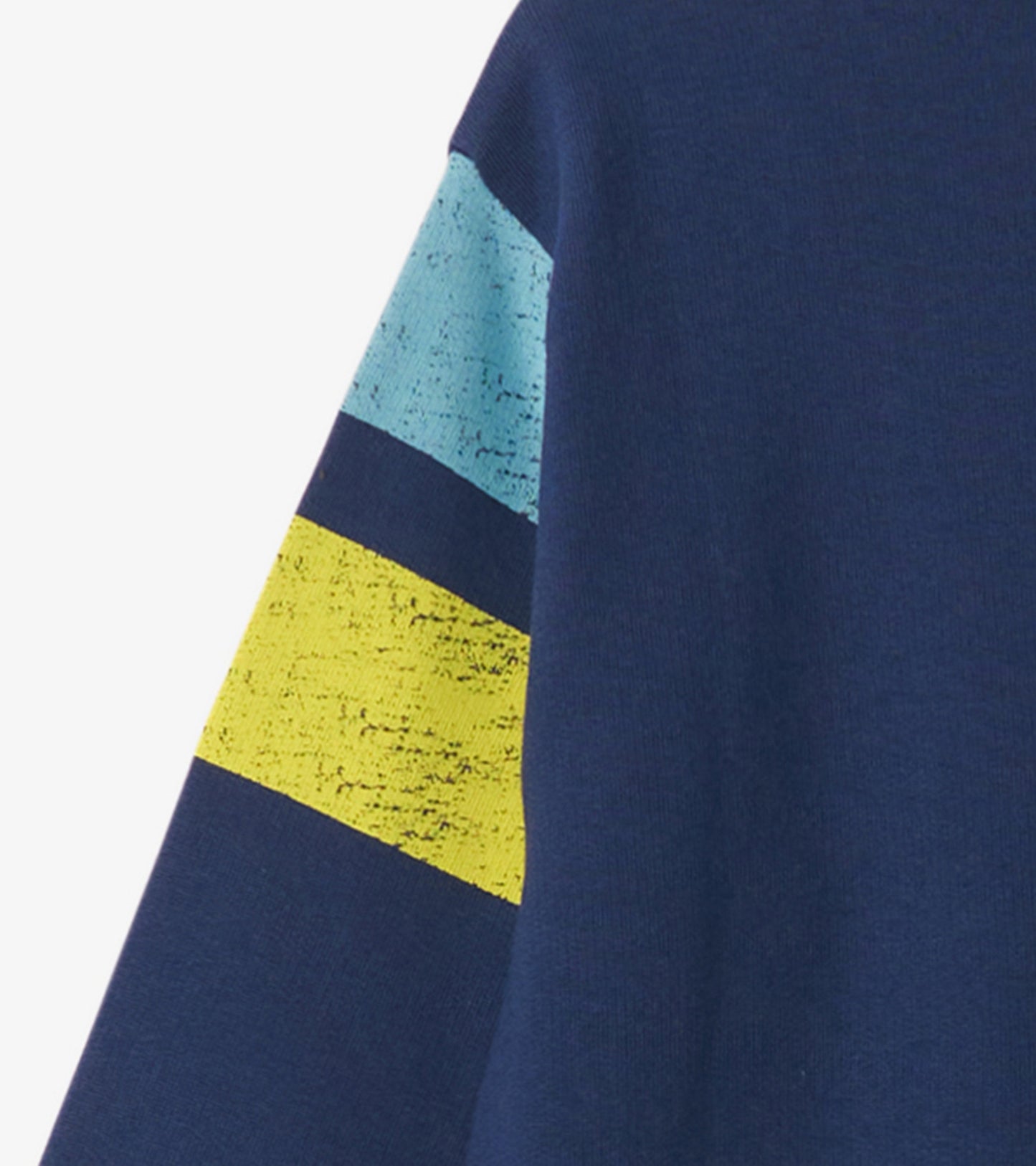 Navy pullover sweatshirt with colorful striped sleeves in blue and yellow, designed for boys.