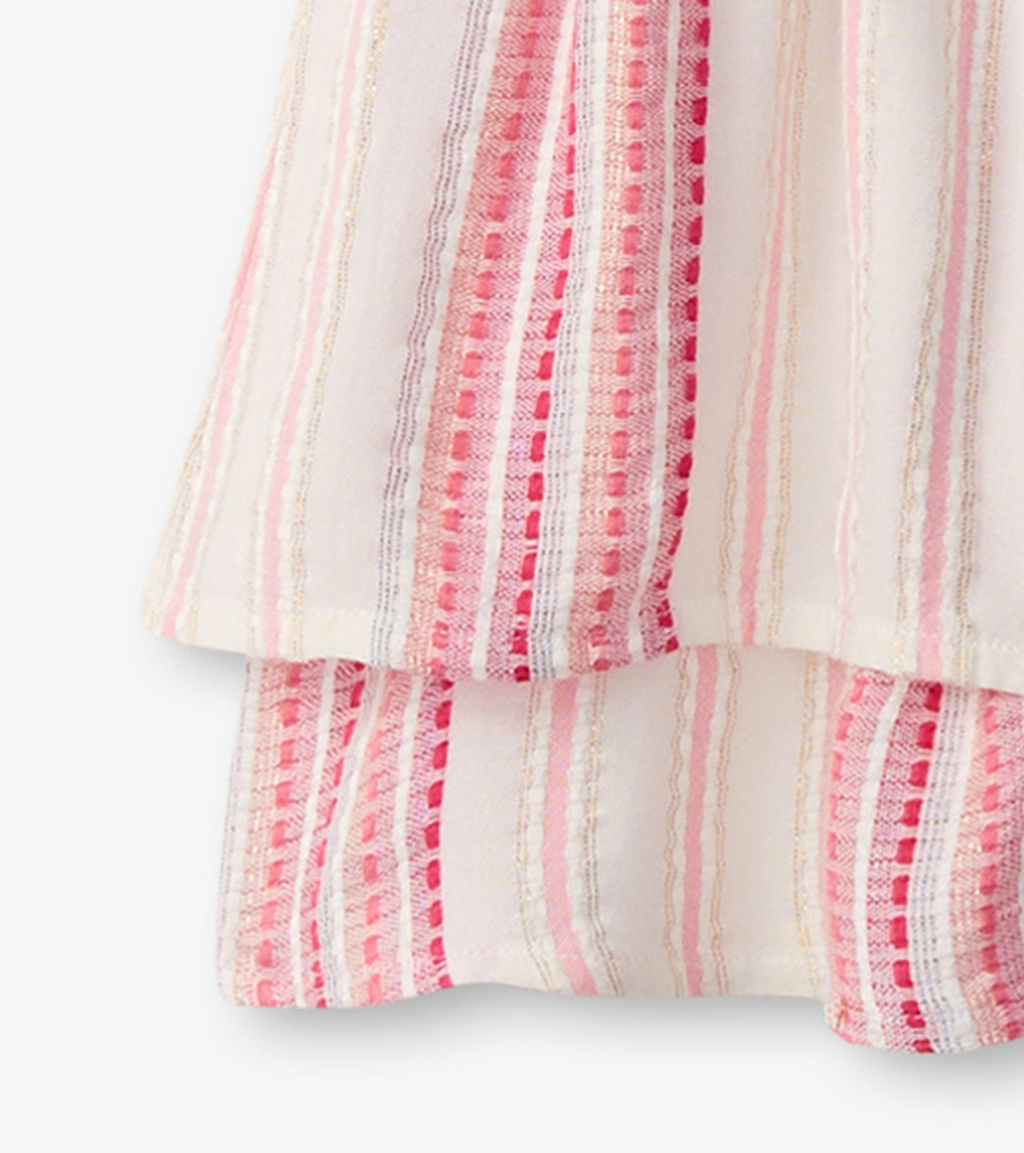 Smocked waist dress featuring a striped pattern in pink and white with a lightweight fabric.