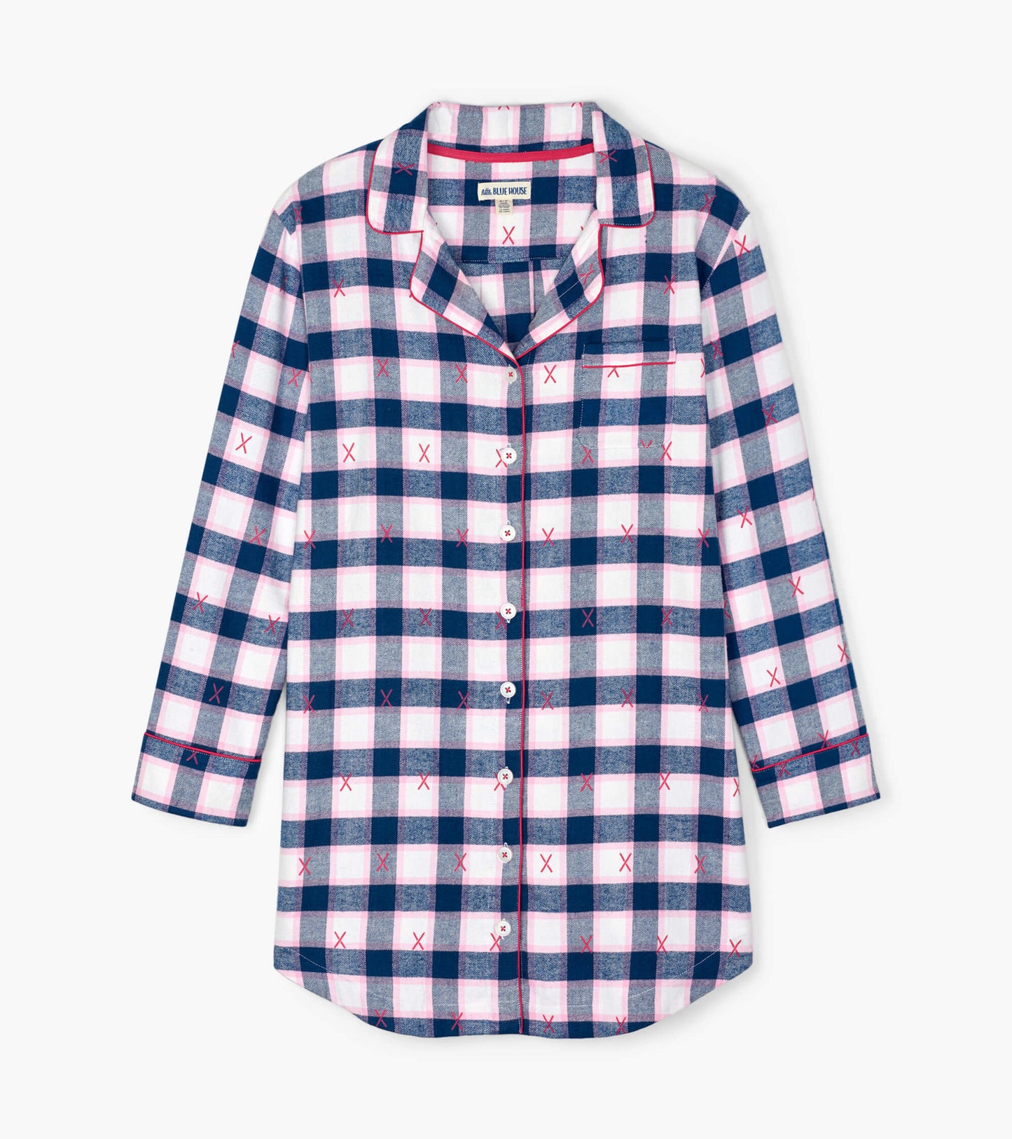 Navy, white, and pink plaid flannel nightdress with long sleeves, button front, and chest pocket.