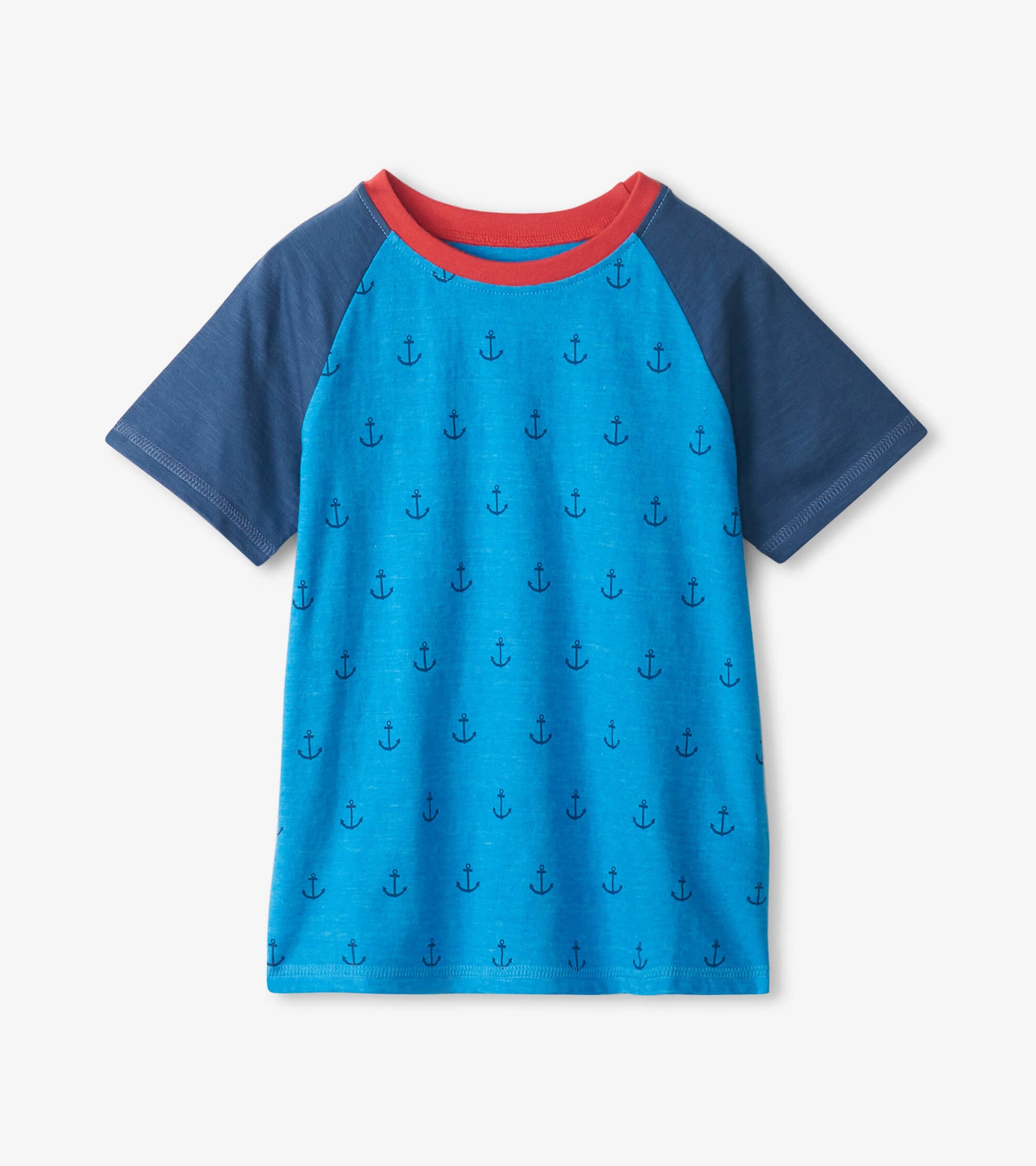 Blue raglan t-shirt with red collar and navy sleeves, featuring a pattern of small anchors throughout.