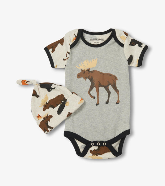 Gray baby bodysuit with moose graphic and patterned hat featuring wildlife designs, suitable for infants.