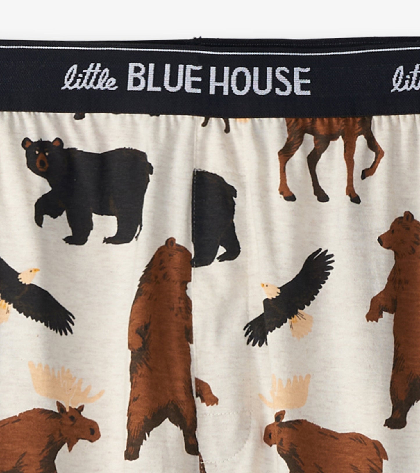 Men's cotton blend pajama pants featuring a wildlife pattern with bears, moose, and eagles on a light background.