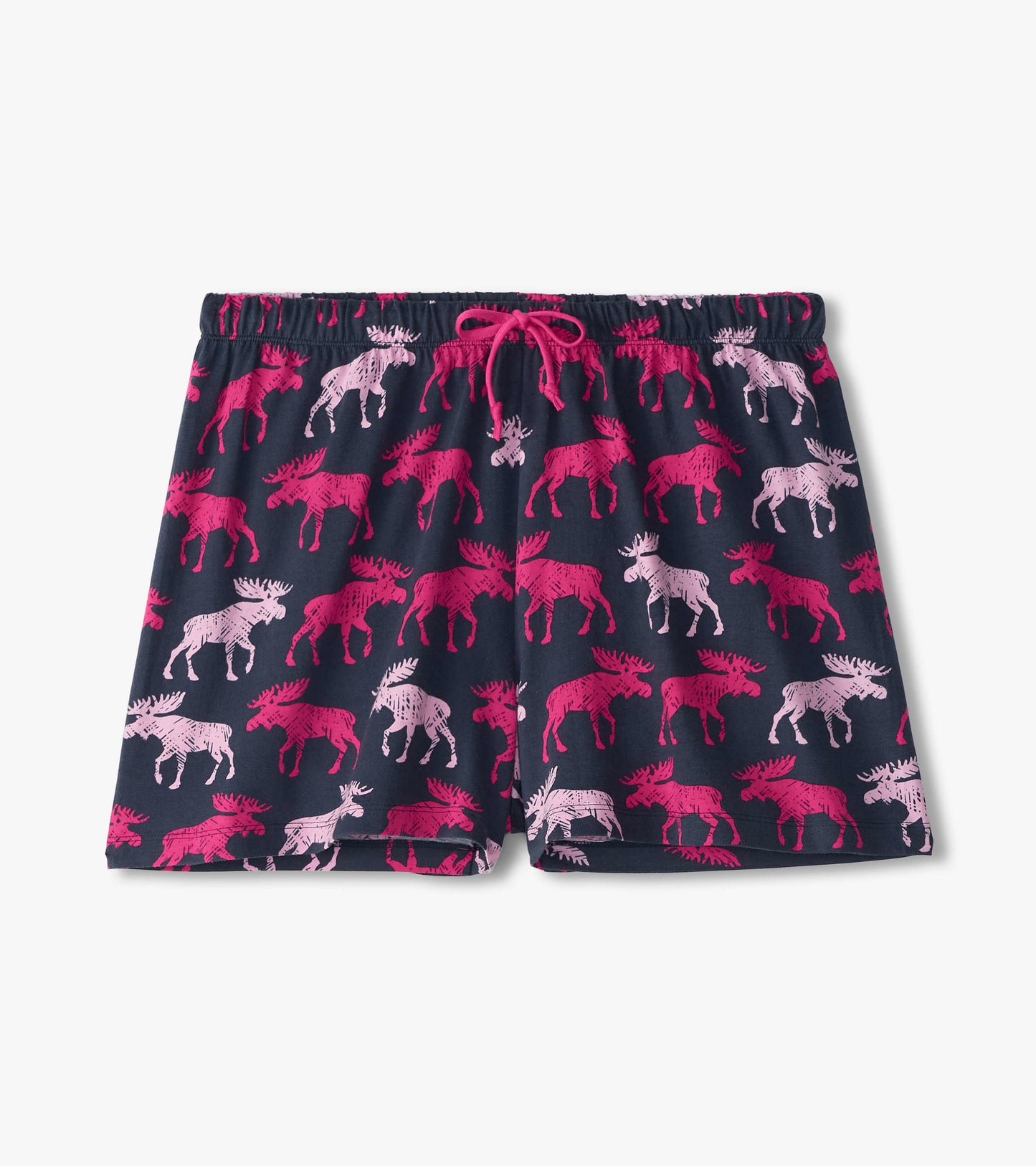 Navy cotton sleep shorts featuring a playful moose print in pink and light pink, with an elastic waistband and drawstring.