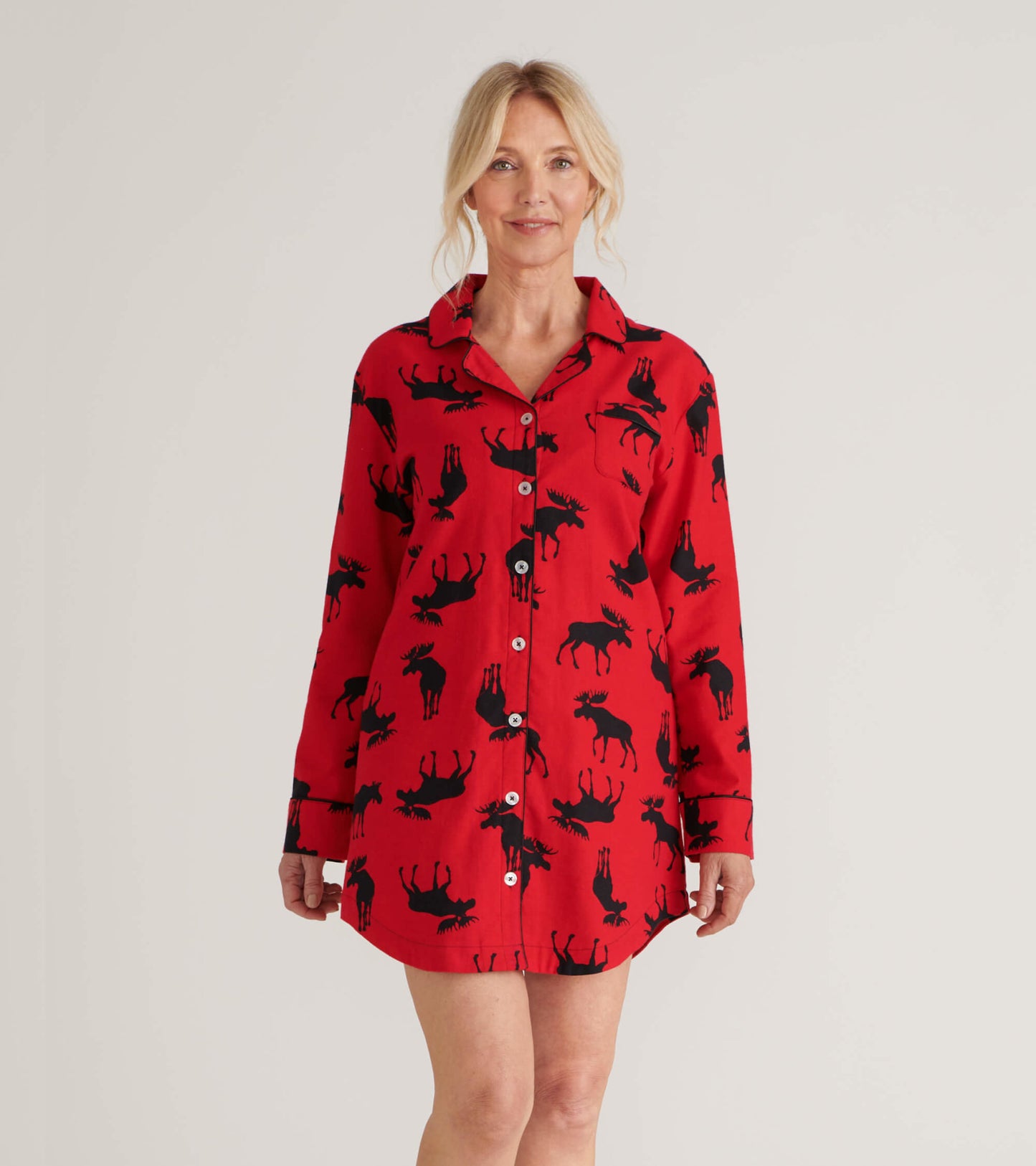 Red flannel nightgown featuring a moose pattern, button-down front, and collar, suitable for casual wear or lounging.