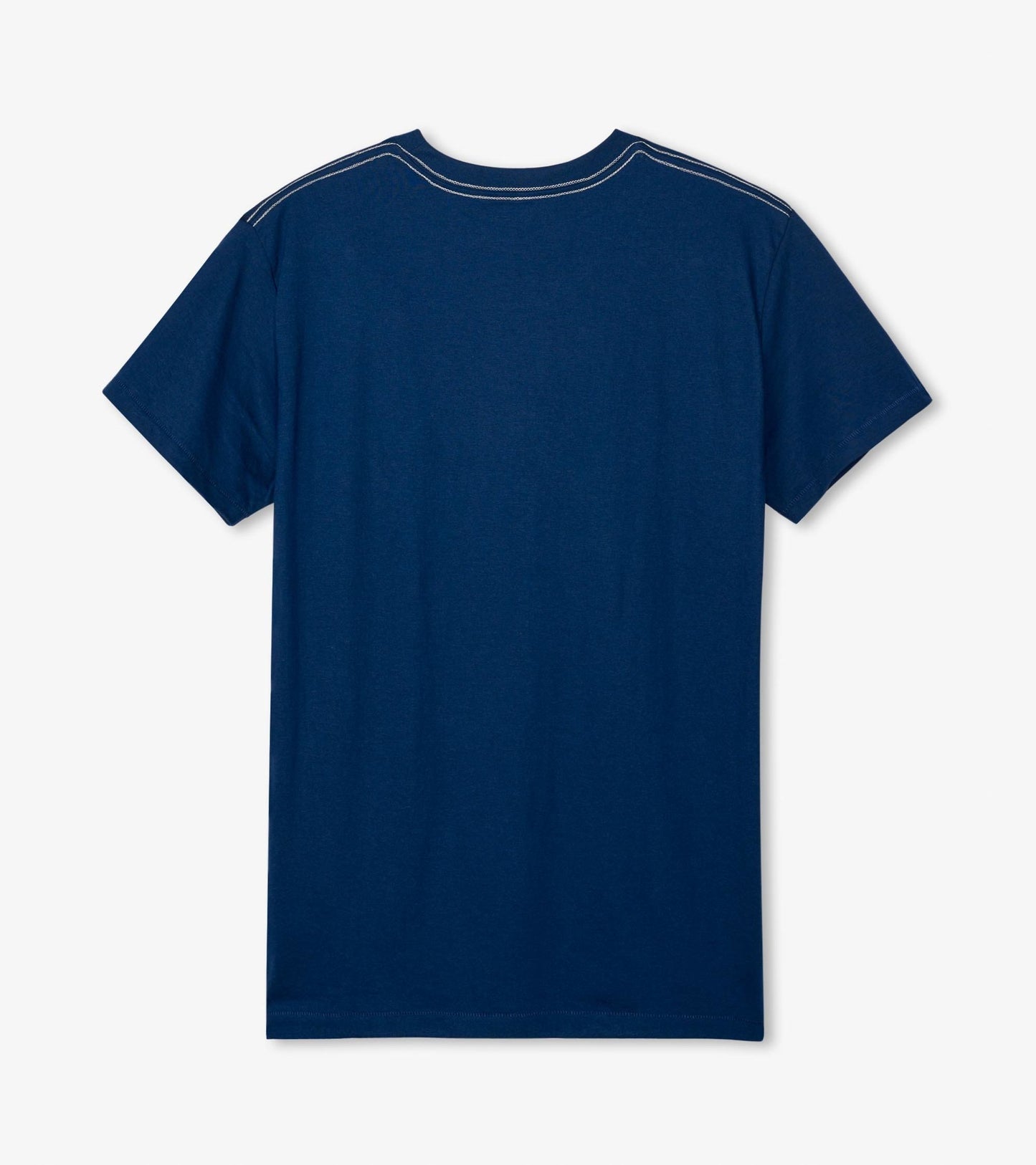 Navy blue short-sleeve men's tee with a crew neck and contrasting stitching, viewed from the back.