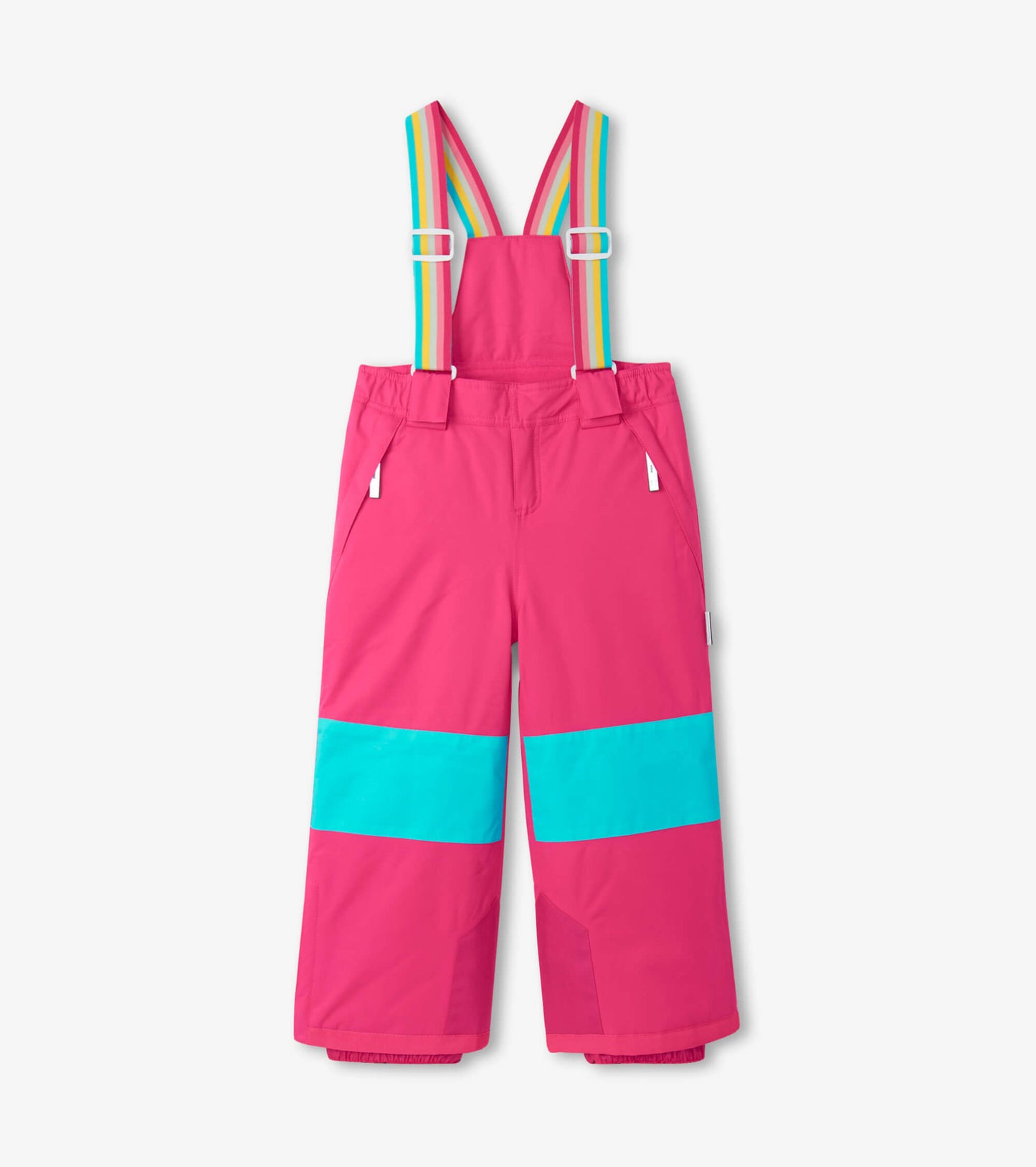 Bright pink snow pants with turquoise stripes and colorful suspenders, featuring side pockets and a loose fit for kids.
