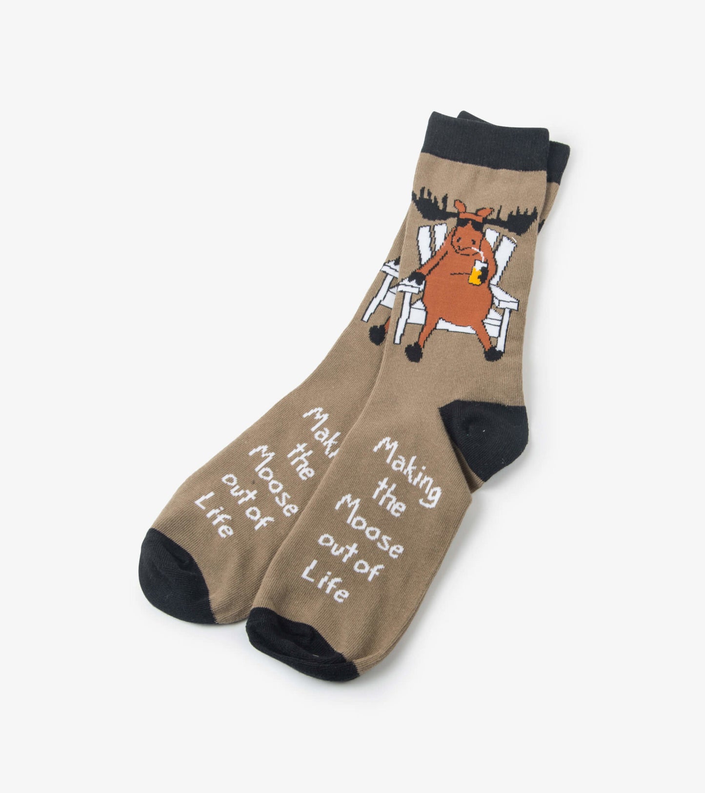 Brown crew socks featuring a moose sitting in a chair with text "Making the Moose out of Life" on each sock.
