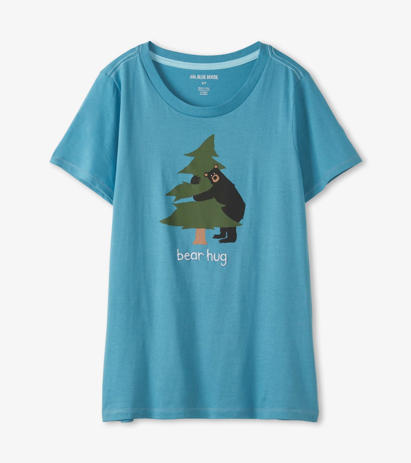 Light blue pajama t-shirt featuring a bear hugging a tree graphic and the text "bear hug" below. Short sleeves and relaxed f…