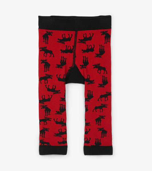 Red baby tights featuring a black moose pattern and a black waistband, suitable for infants aged 0-24 months.