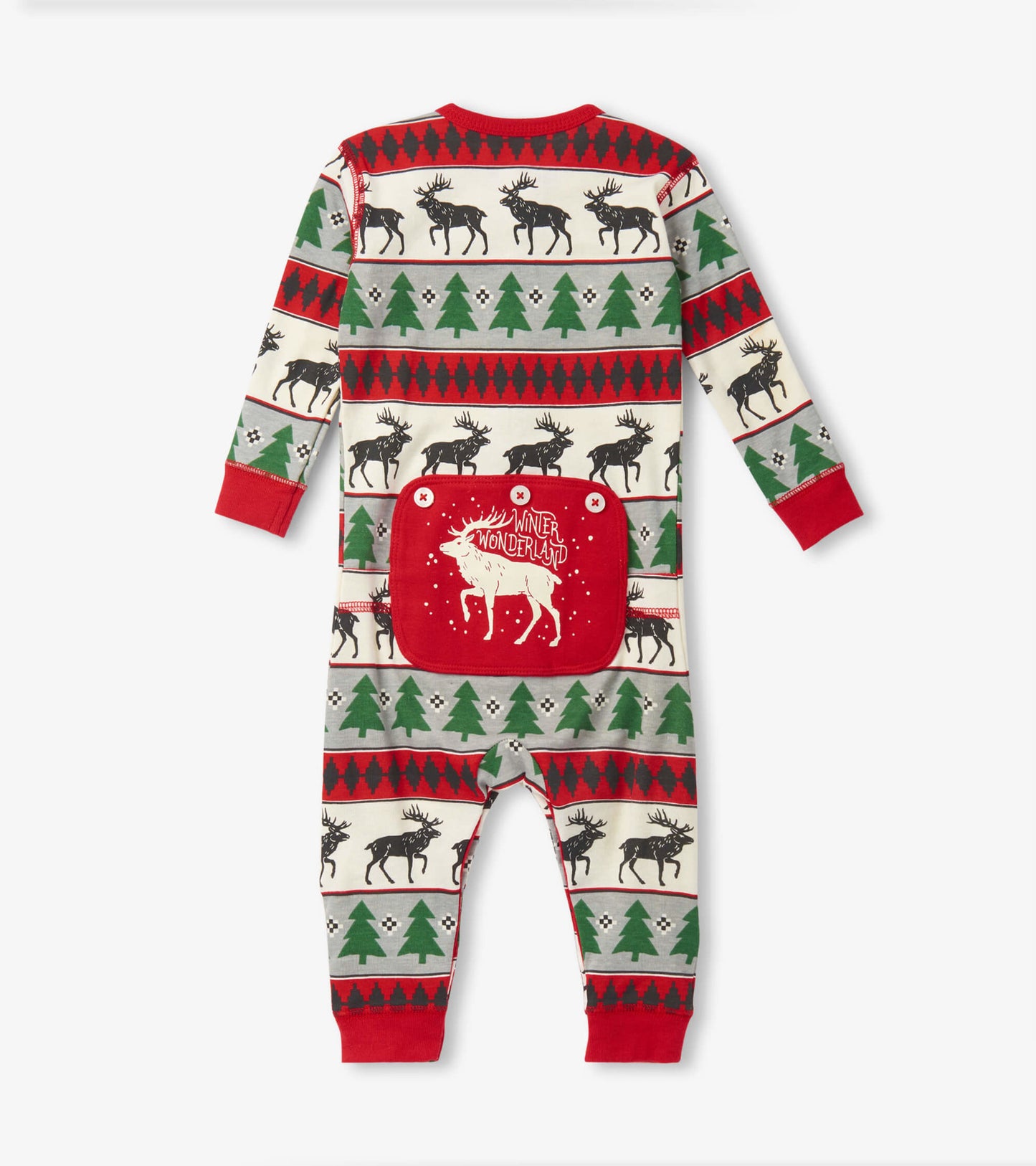 Red and green Fair Isle union suit featuring moose and trees, with a festive "Winter Wonderland" patch on the back.