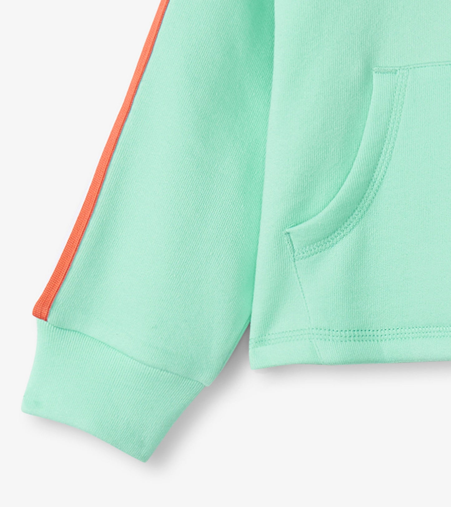 Mint green raglan hoodie with orange accents and a front pocket, made from soft, comfortable material.