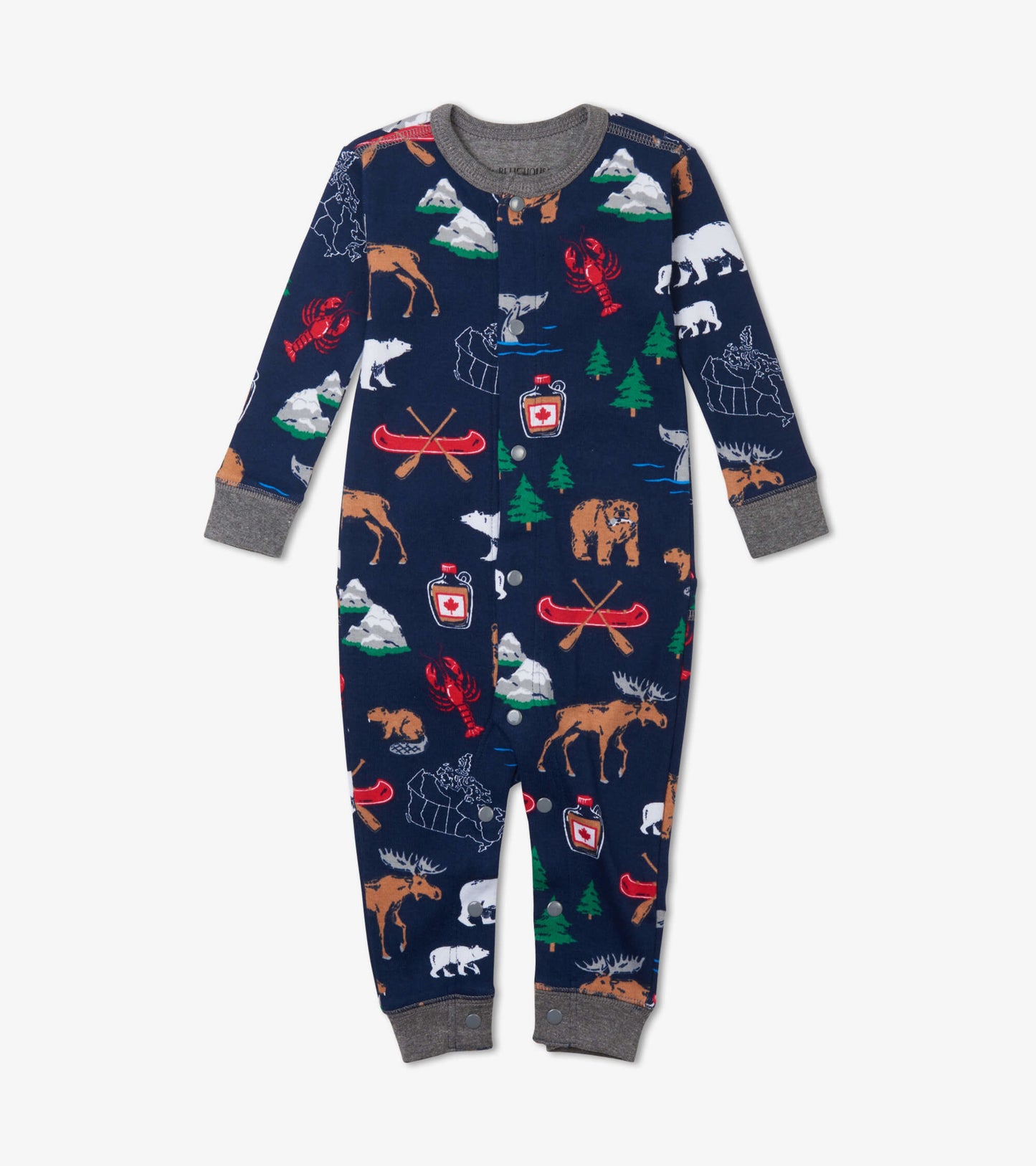 Navy blue union suit featuring colorful animal and nature patterns, with gray cuffs and buttons down the front.