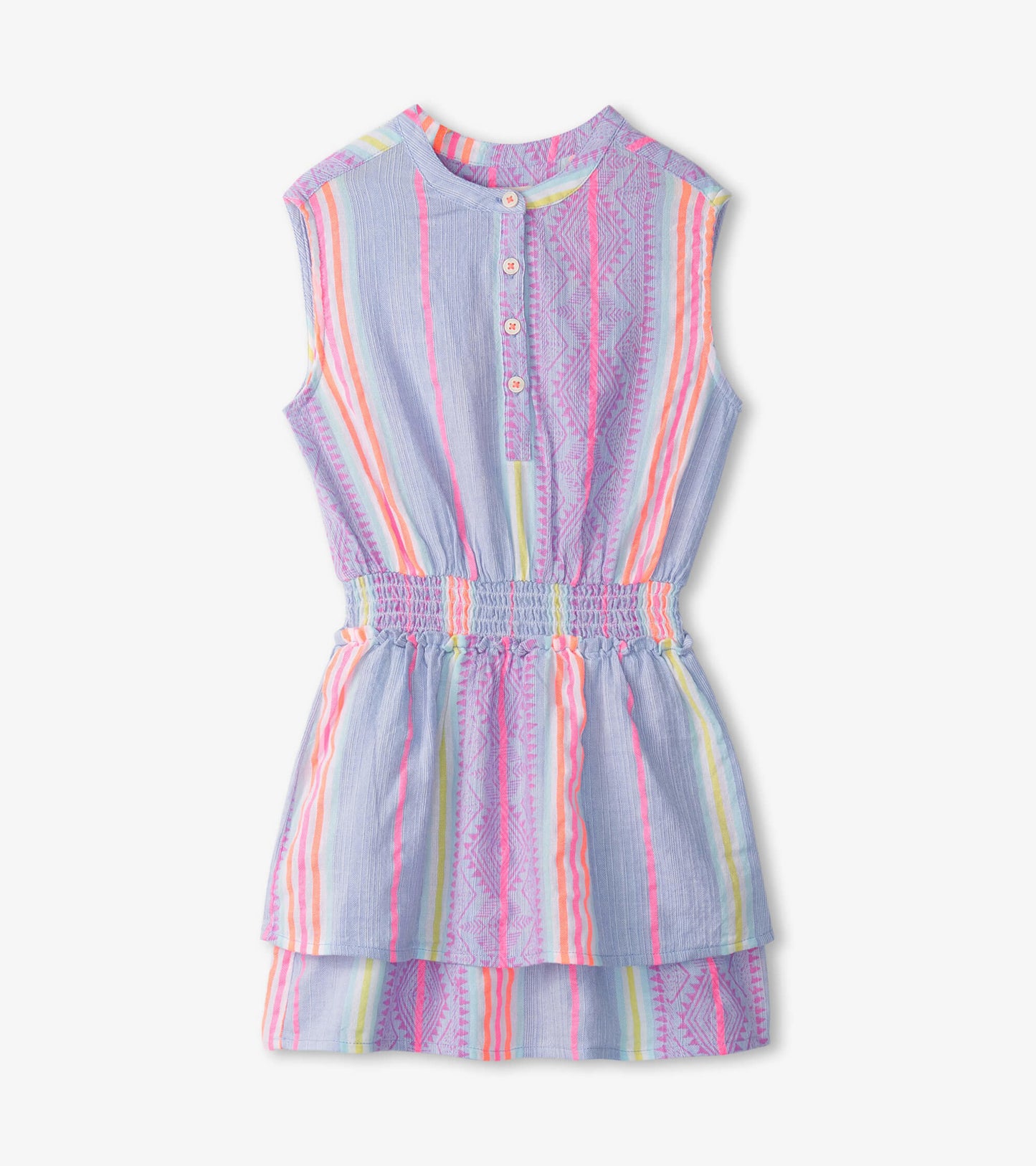 Light blue sleeveless dress with colorful vertical stripes and a smocked waist, featuring a button-up front.