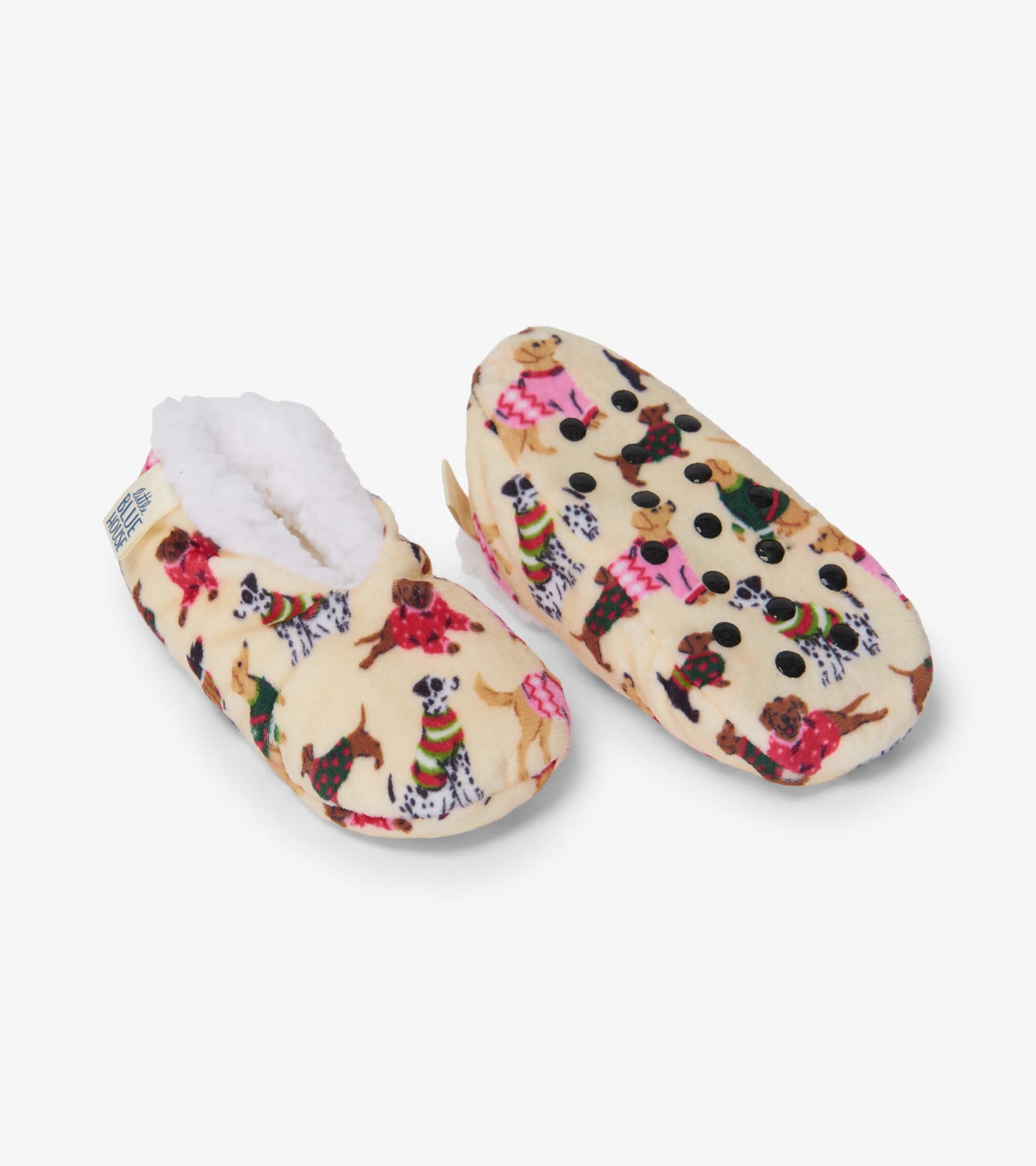 Cozy yellow slippers featuring playful dog patterns, soft lining, and non-slip soles, ideal for kids' winter wear.
