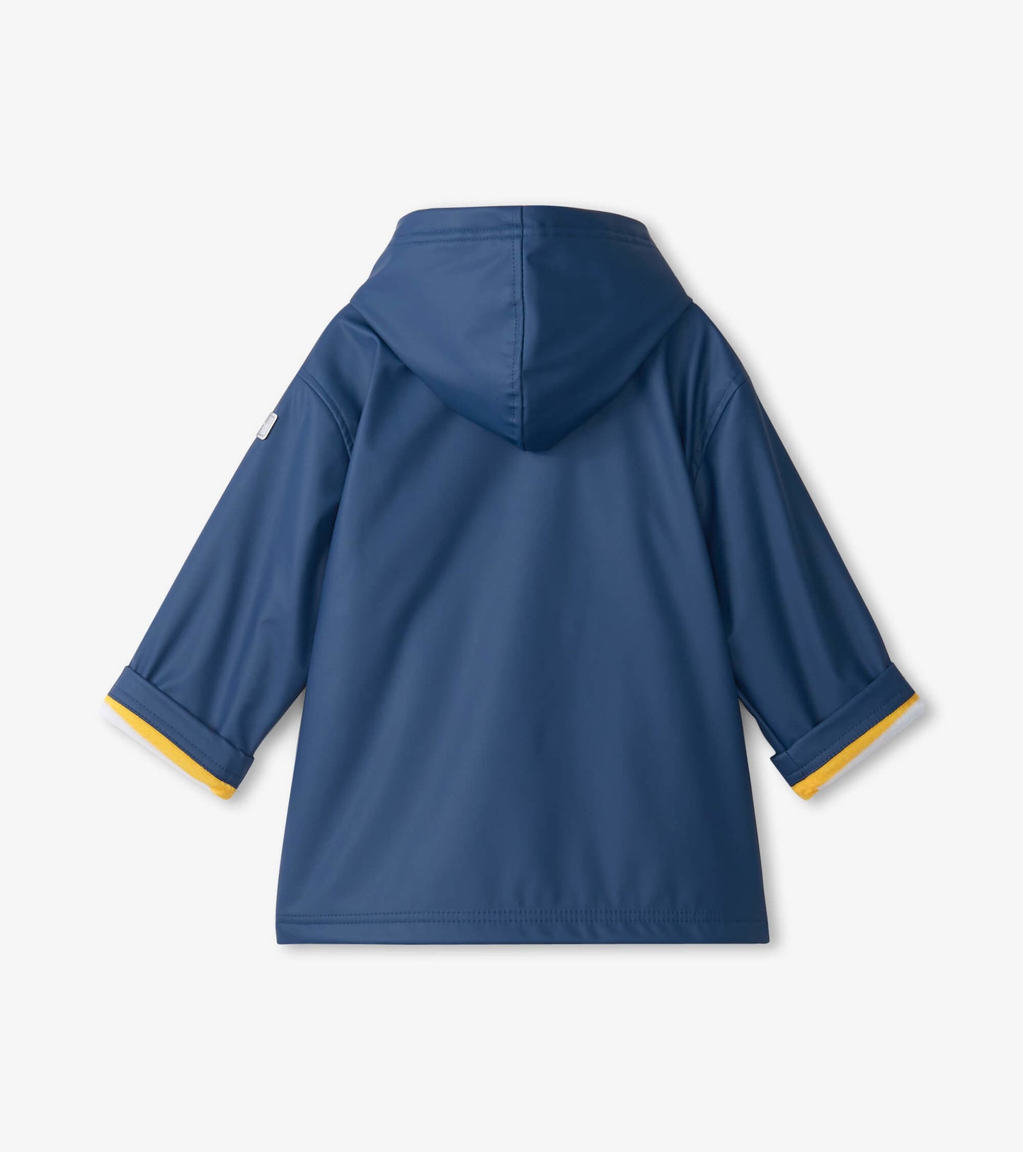 Navy zip-up rain jacket for kids with a hood and yellow trim on the sleeves.