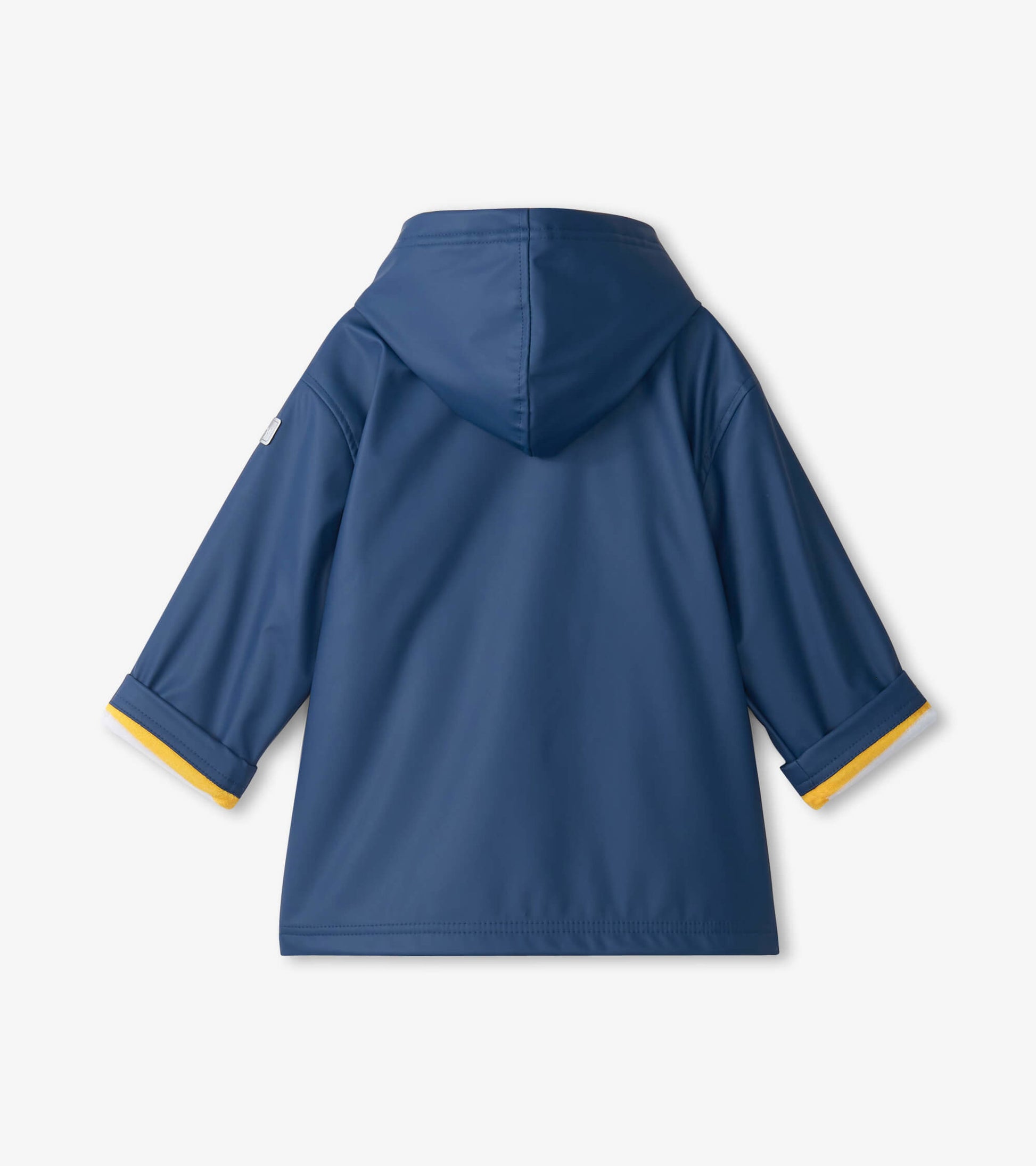 Navy zip-up rain jacket for kids with a hood and yellow trim on the sleeves.