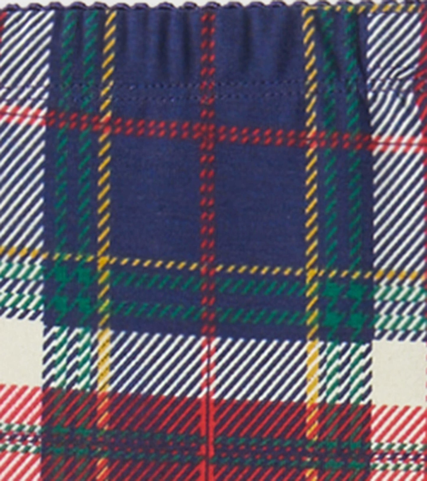 Navy plaid leggings featuring red, green, and yellow accents, designed for girls with an elastic waistband.
