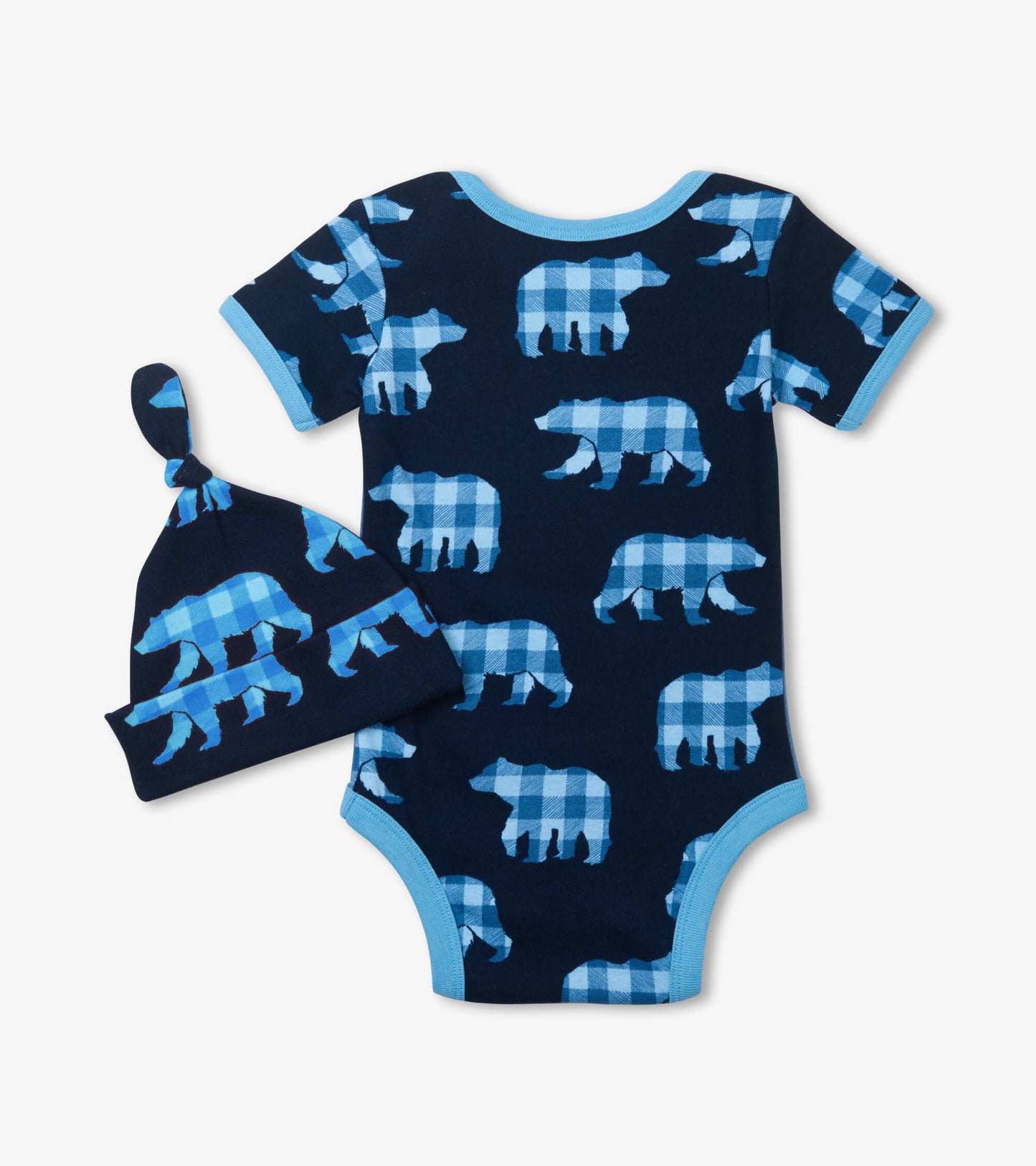 Navy blue bodysuit with light blue bear pattern and matching hat, designed for infants, featuring short sleeves and a round…