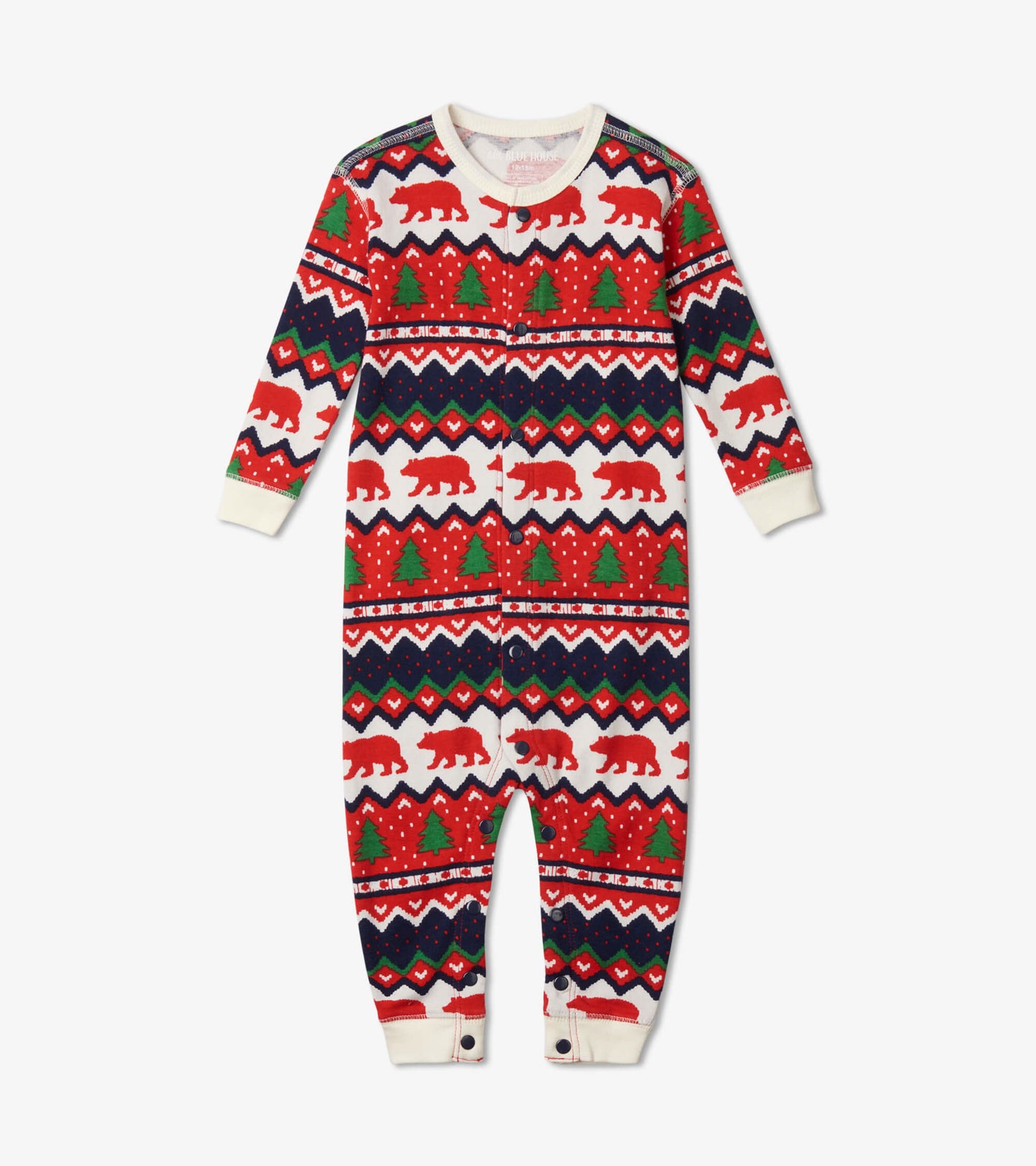 Red and white Fair Isle union suit featuring bear and tree patterns, with long sleeves and snap closures at the bottom.