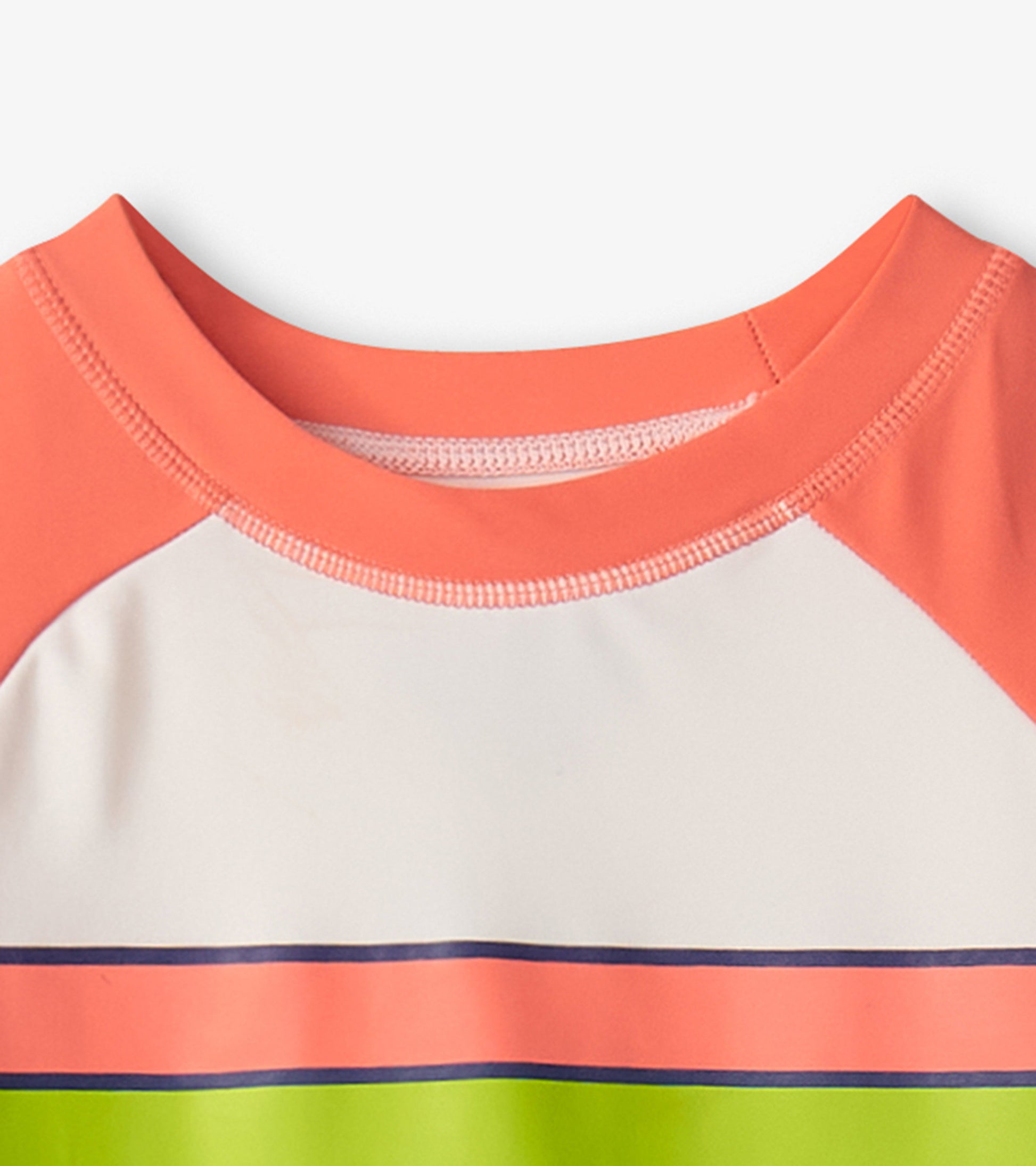 Short sleeve rashguard featuring a coral neckline and colorful horizontal stripes in pink, green, and navy.