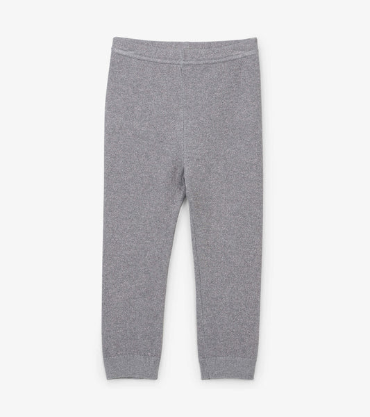 Gray cable knit leggings with silver glitter detail, featuring a stretchy waistband and tapered legs.