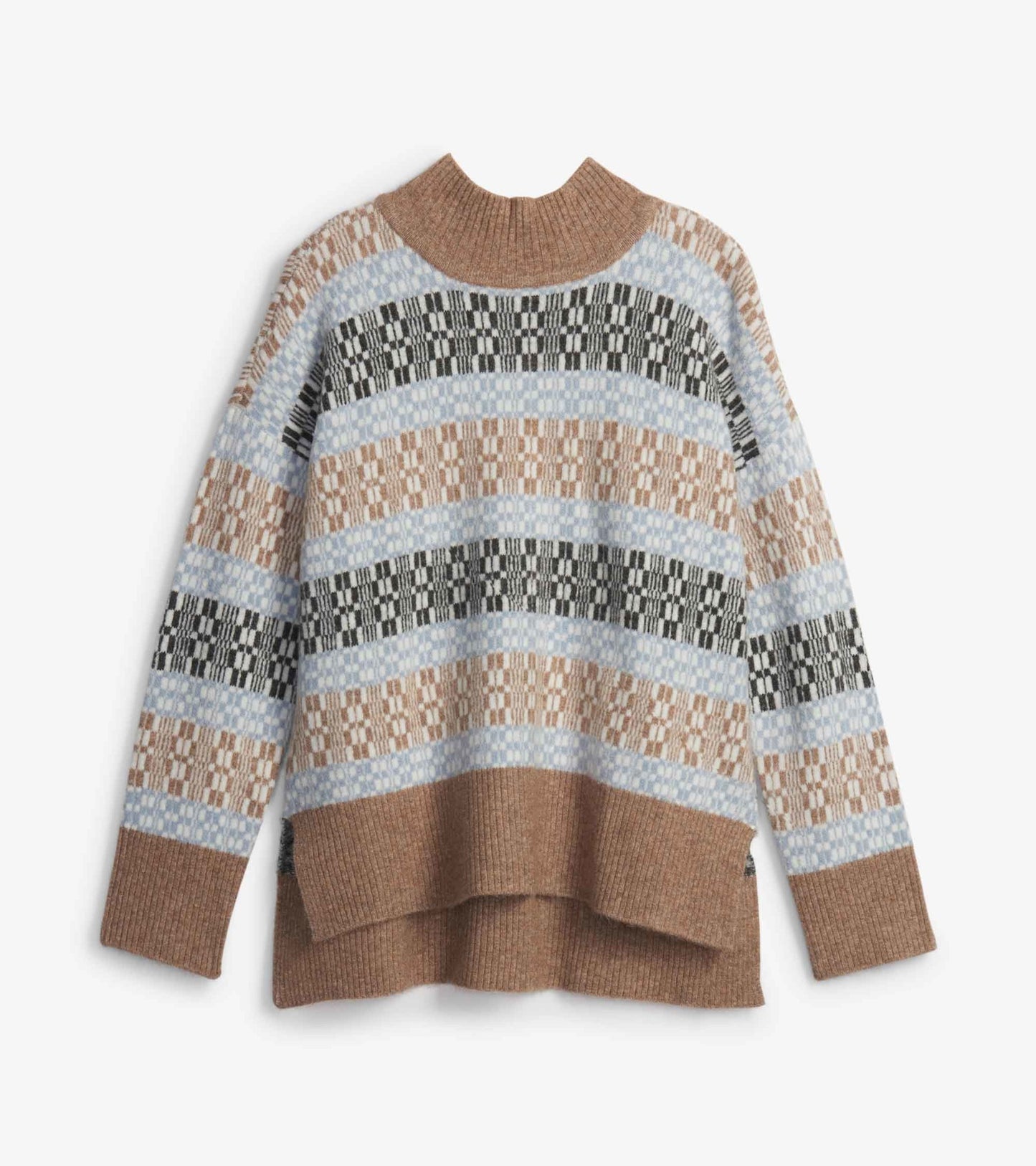Mock neck sweater featuring a celestial plaid pattern in earthy tones of brown, blue, and black. Cozy knit material.