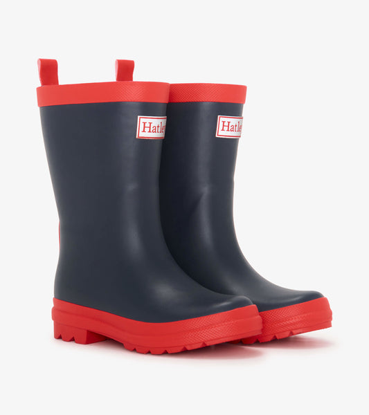 Navy and red matte rain boots with a textured sole and pull tabs, designed for kids.