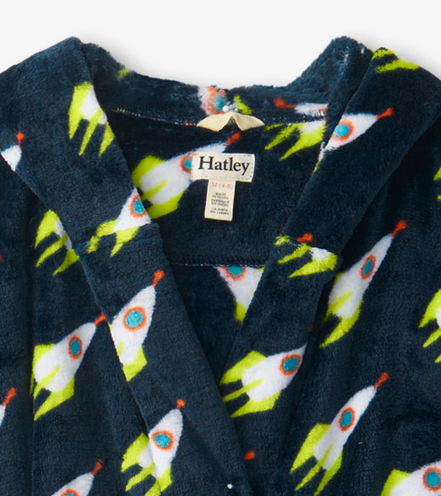 Navy fleece robe featuring a rocket pattern, with a hood and tie closure, ideal for kids.