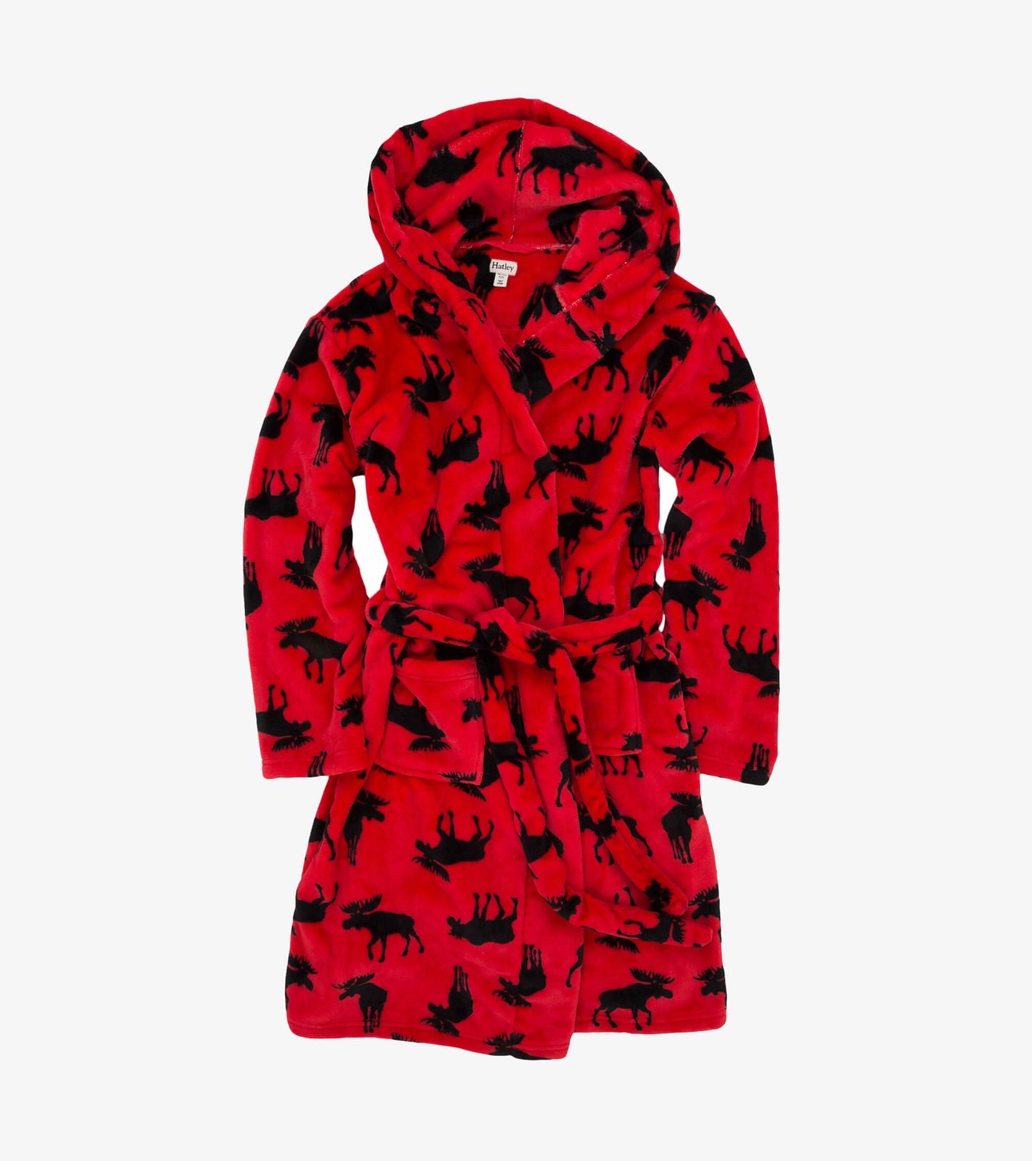 Red fleece robe featuring a moose pattern, with a hood and tie belt, suitable for adults.