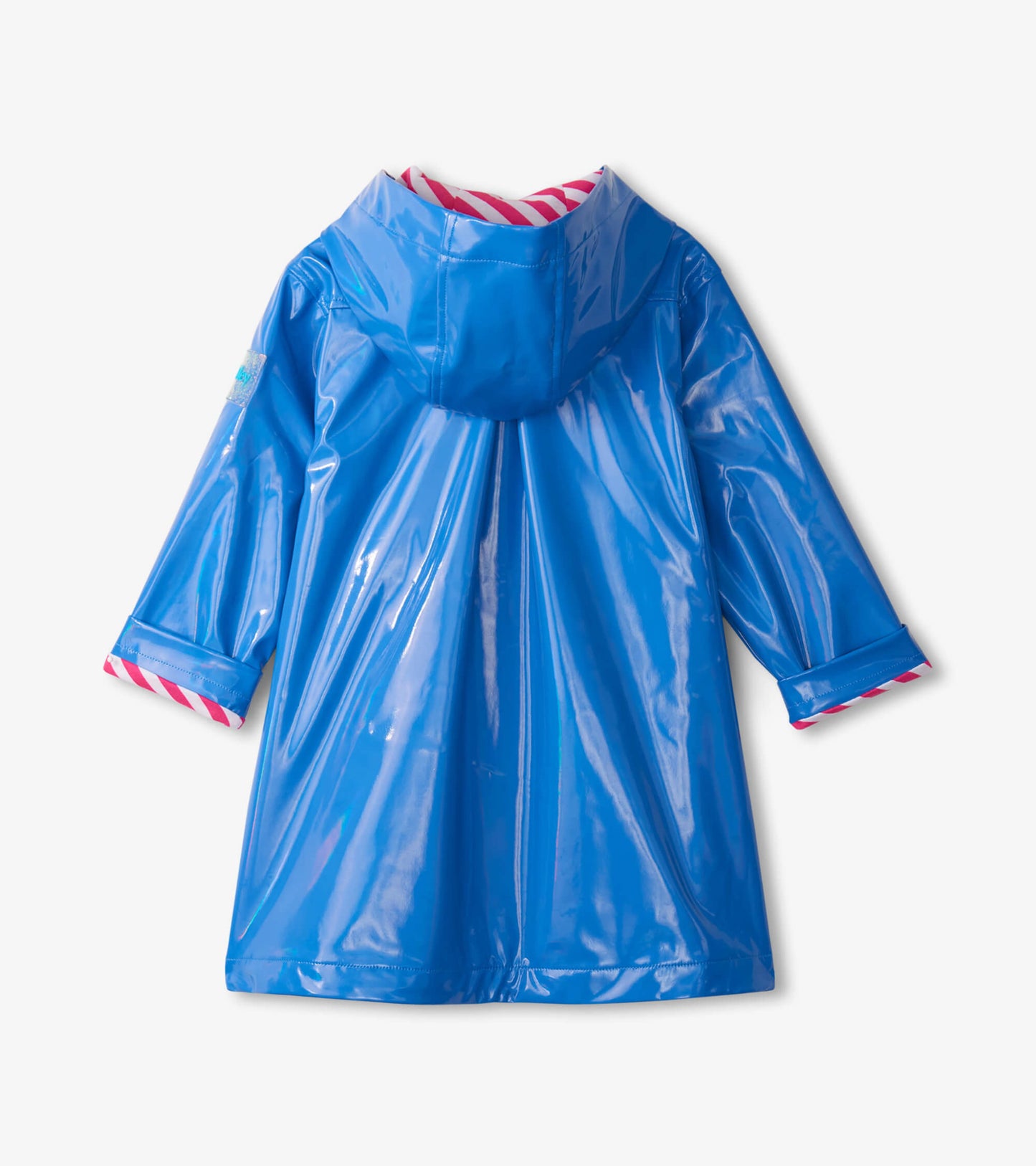 Blue glitter swing jacket with a shiny finish and striped lining, featuring a hood and three-quarter sleeves.