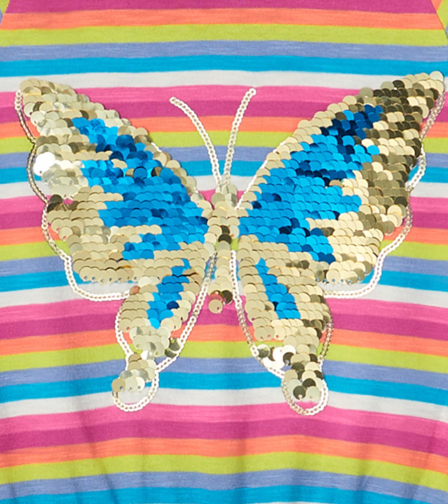 Colorful striped dress featuring a large sequin butterfly design on the front.