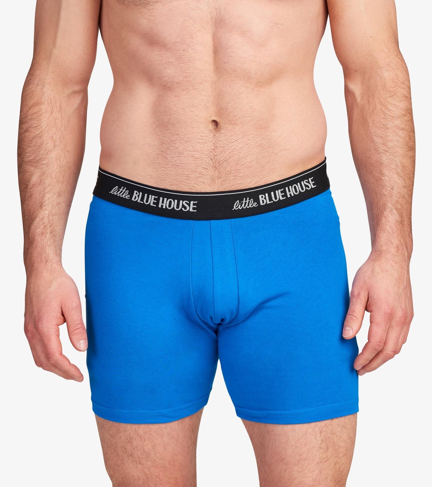 Blue men's boxer briefs with a black waistband, featuring a snug fit and soft material.