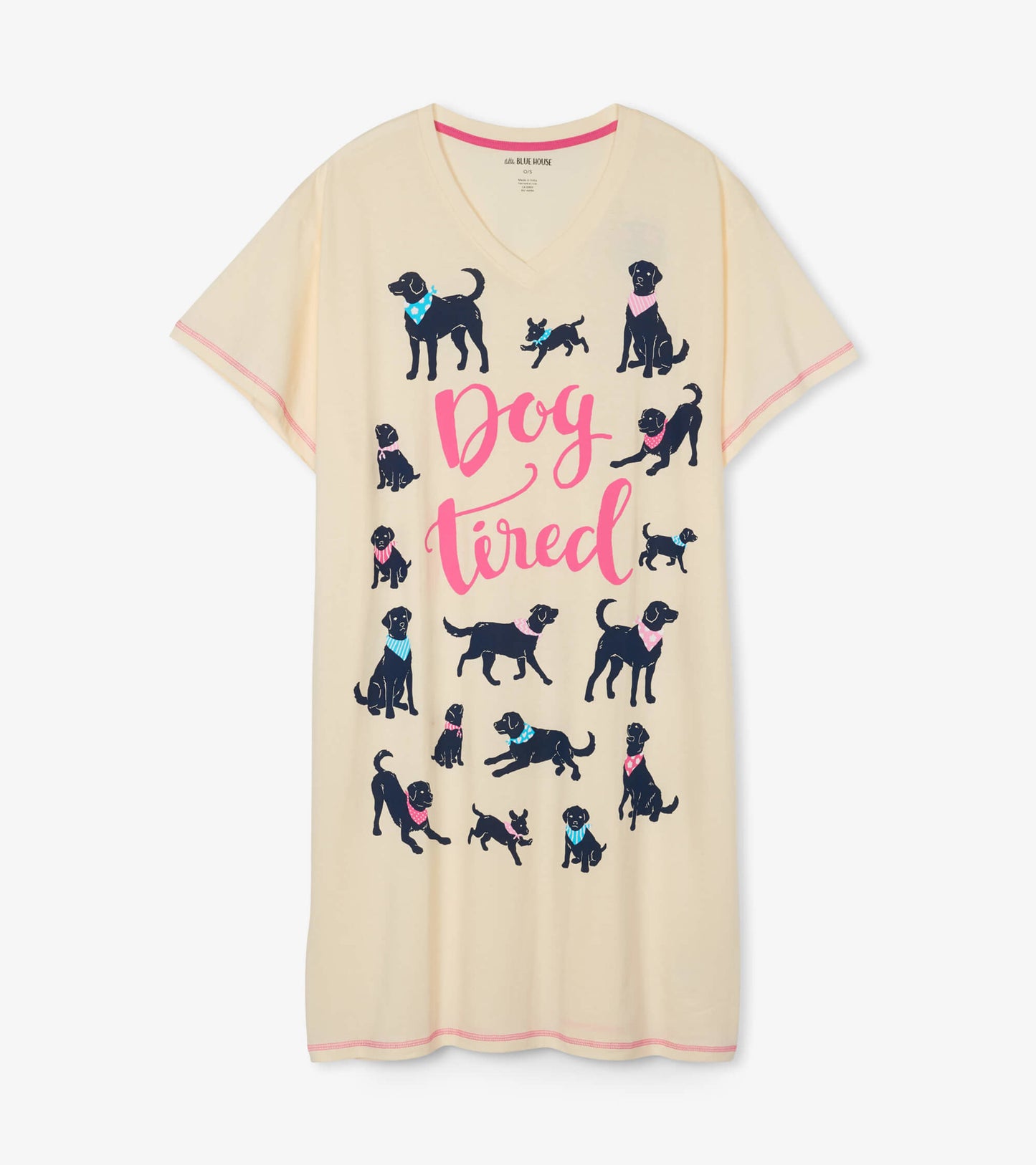 Cream sleepshirt featuring playful black dog graphics and "Dog tired" text in pink, with a V-neck and short sleeves.