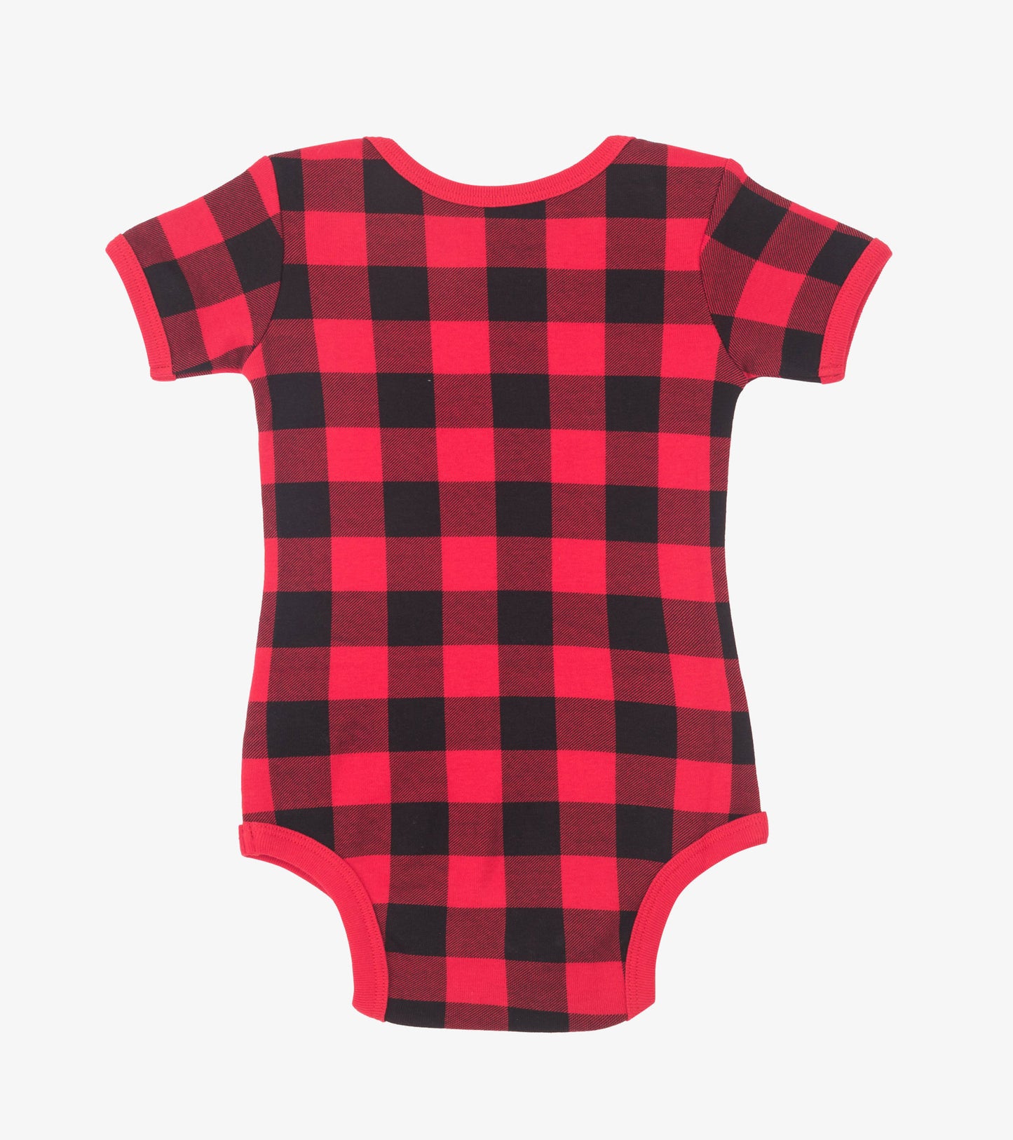 Red and black plaid baby bodysuit with short sleeves and a round neckline, designed for infants.