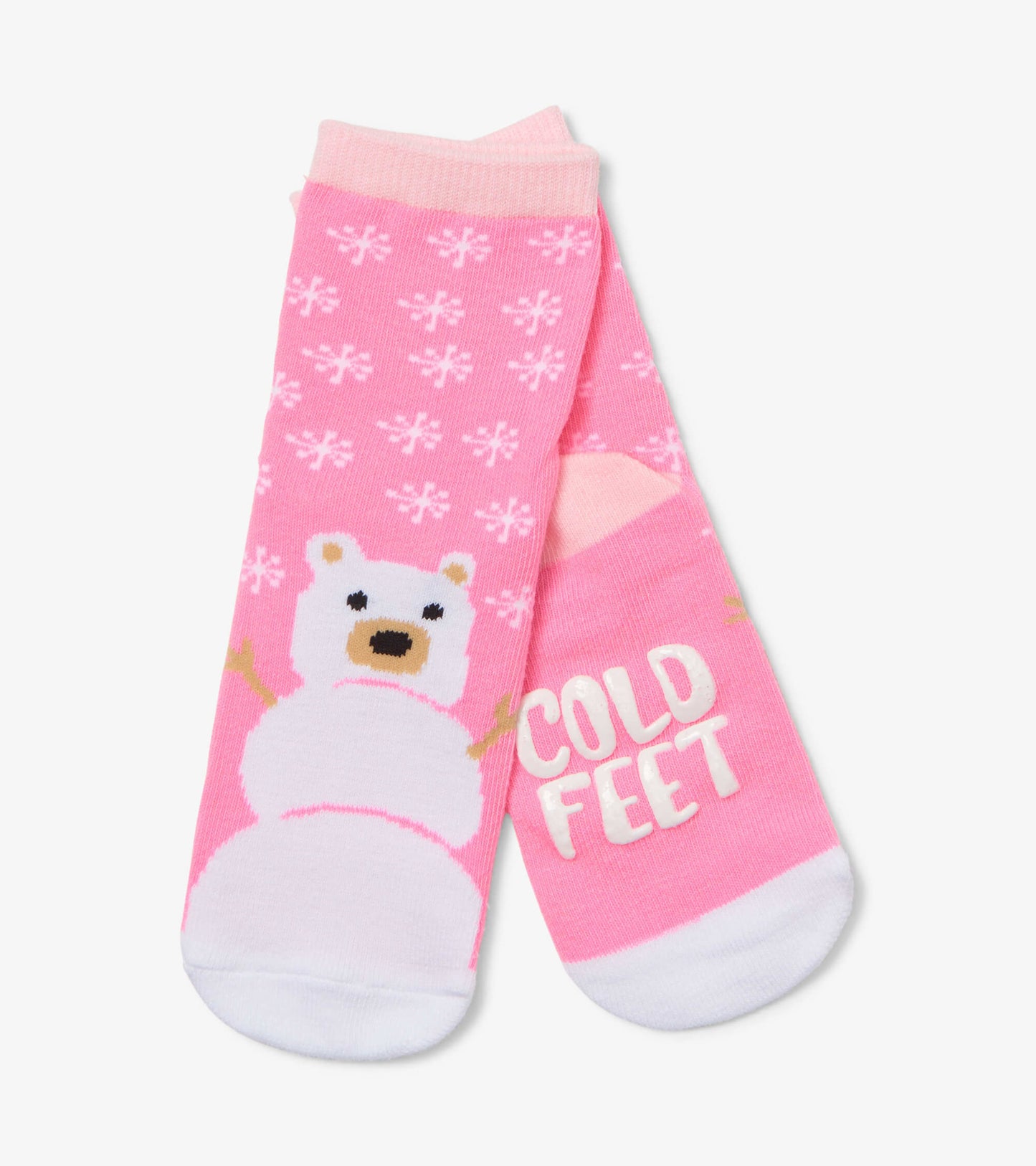 Pink crew socks featuring a snow bear design and snowflake pattern, ideal for kids.