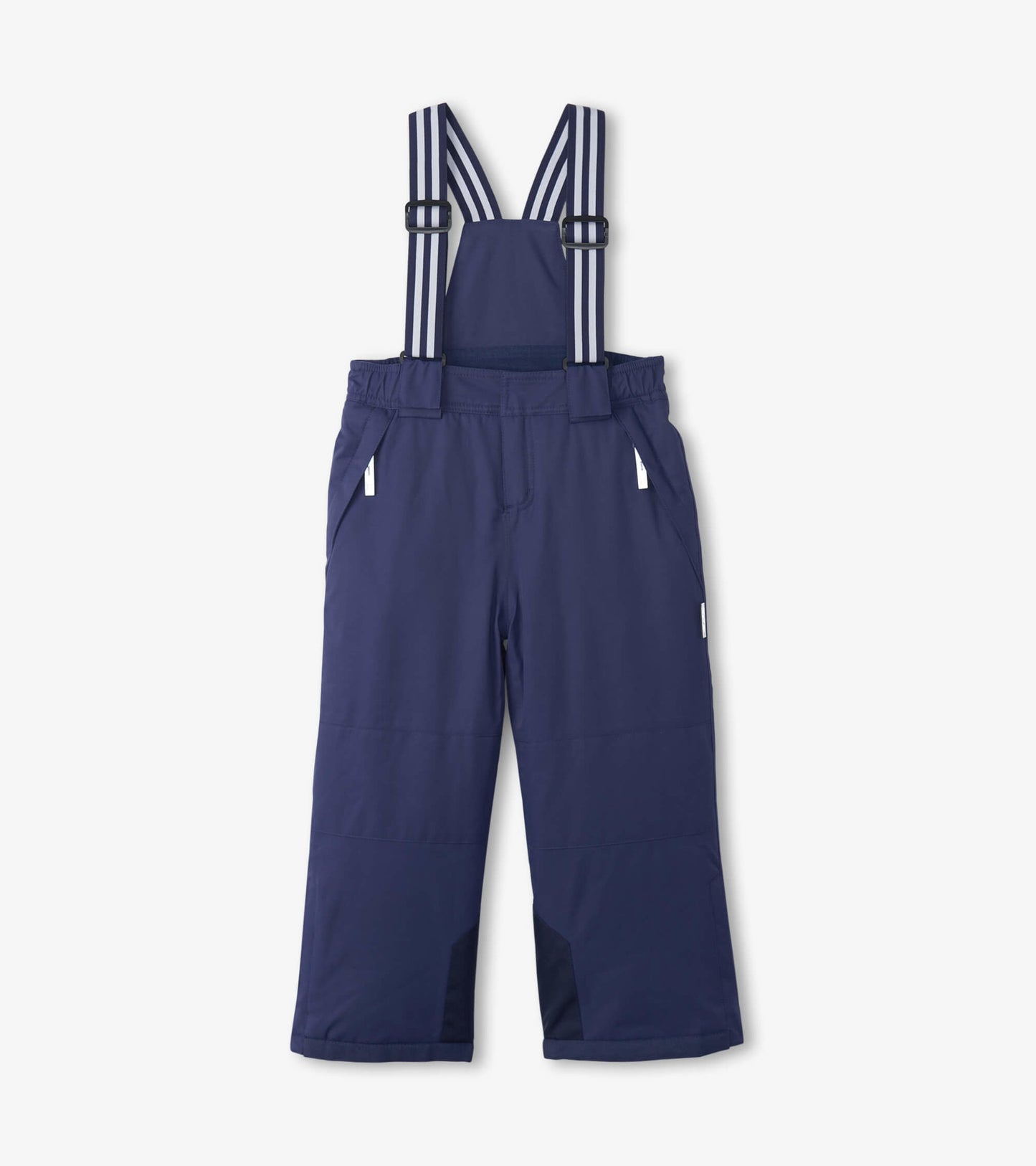 Navy snow pants with adjustable striped suspenders, elastic waistband, and side pockets for kids.