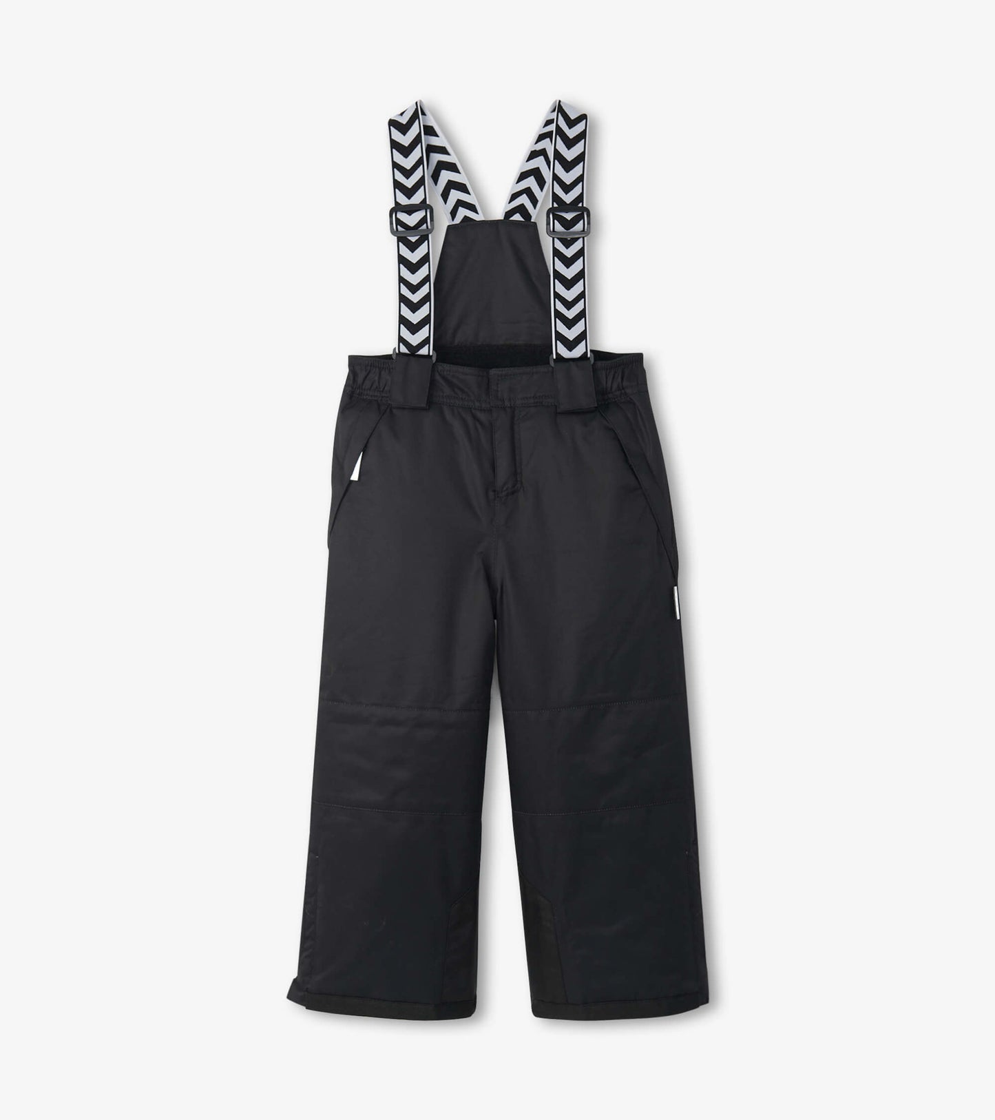 Black snow pants for kids with adjustable striped suspenders and side pockets, designed for winter activities.