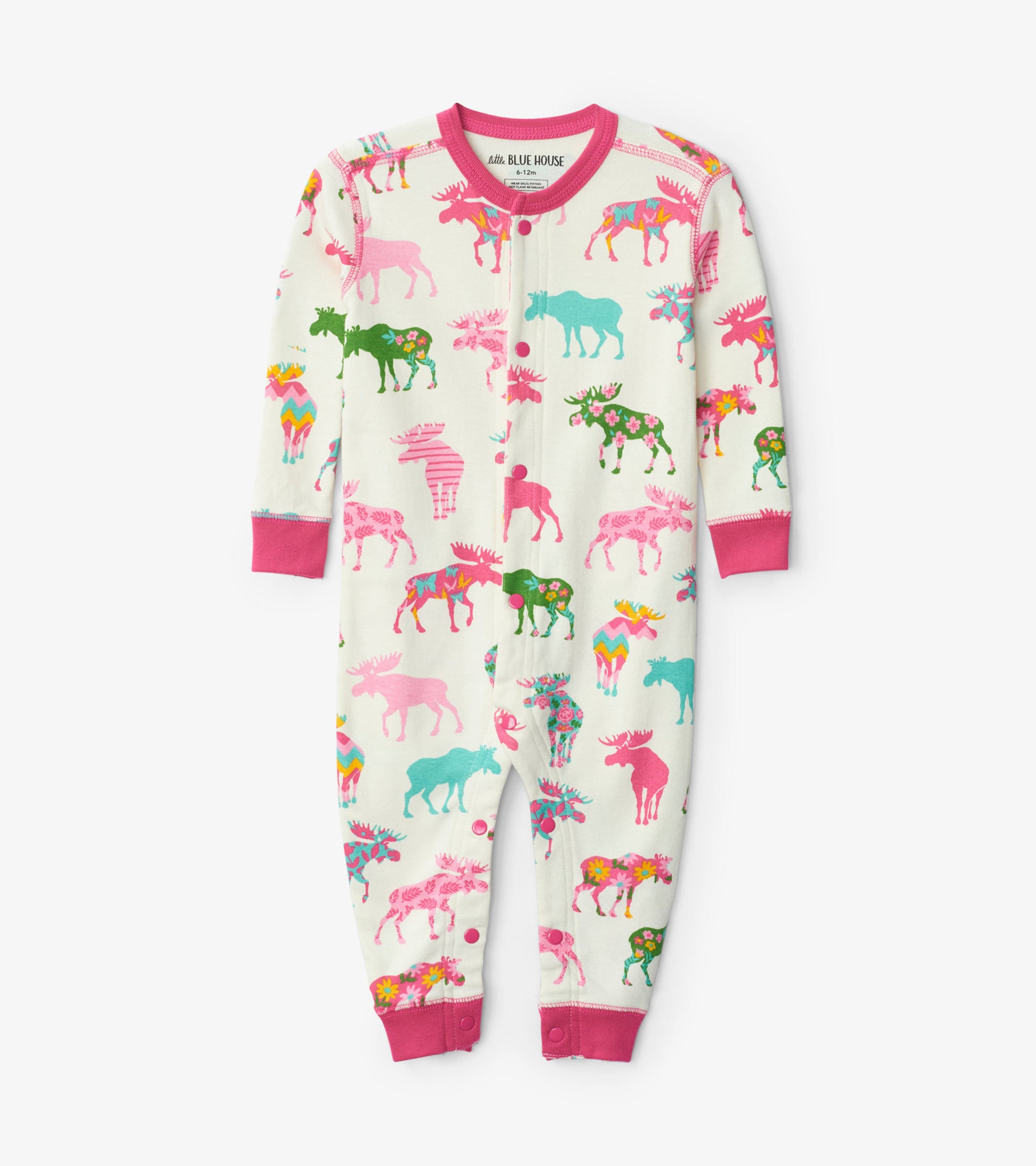 White baby union suit featuring colorful moose patterns in pink, green, and blue, with pink cuffs and snap closures.