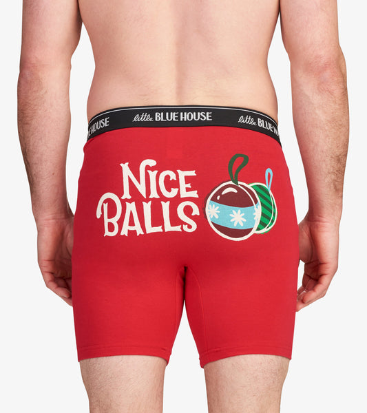 Red boxer shorts featuring a playful "Nice Balls" graphic and ornament design on the back, with a black waistband.