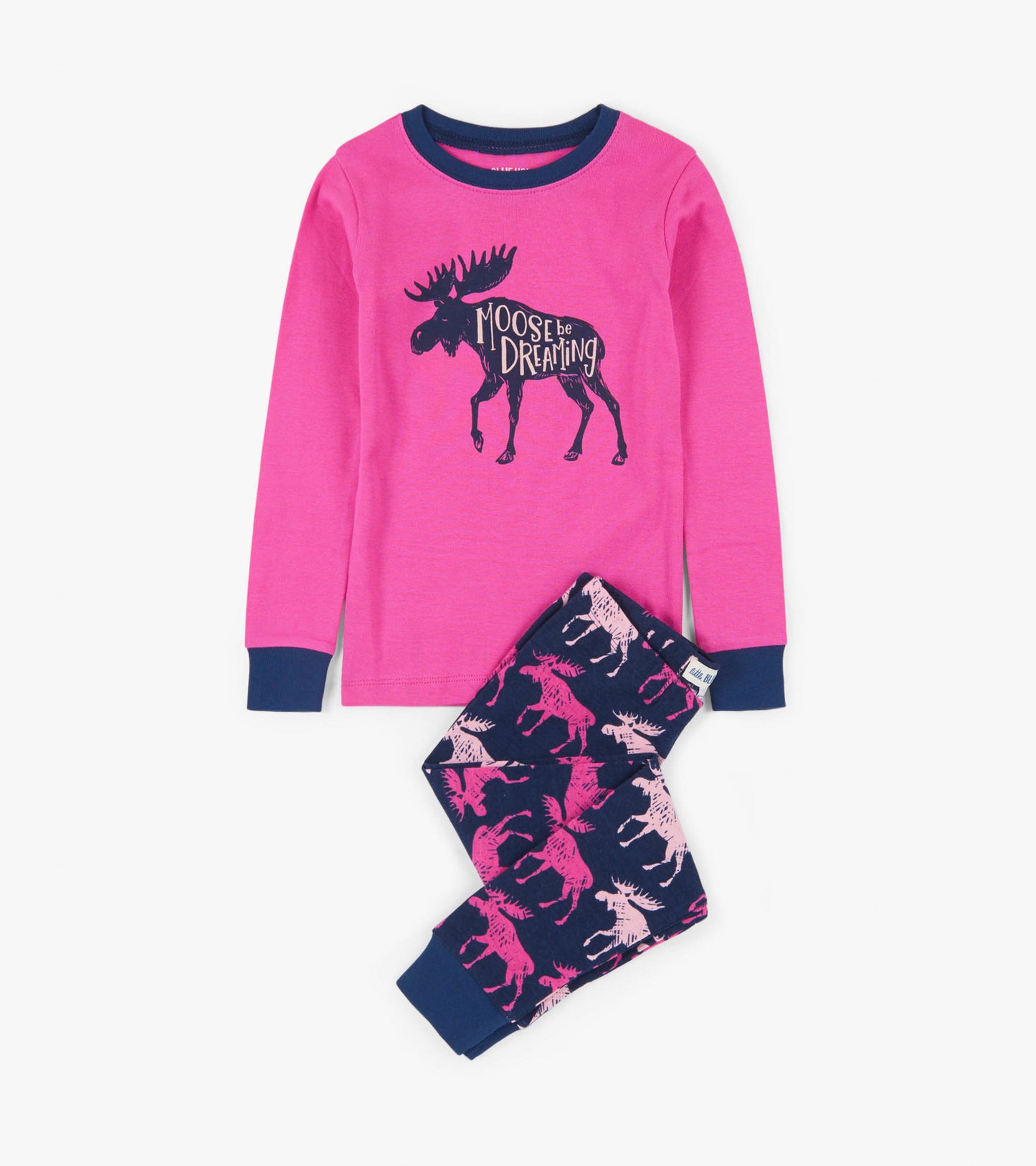 Pink long-sleeve top with moose graphic paired with navy pants featuring moose print in pink and white.