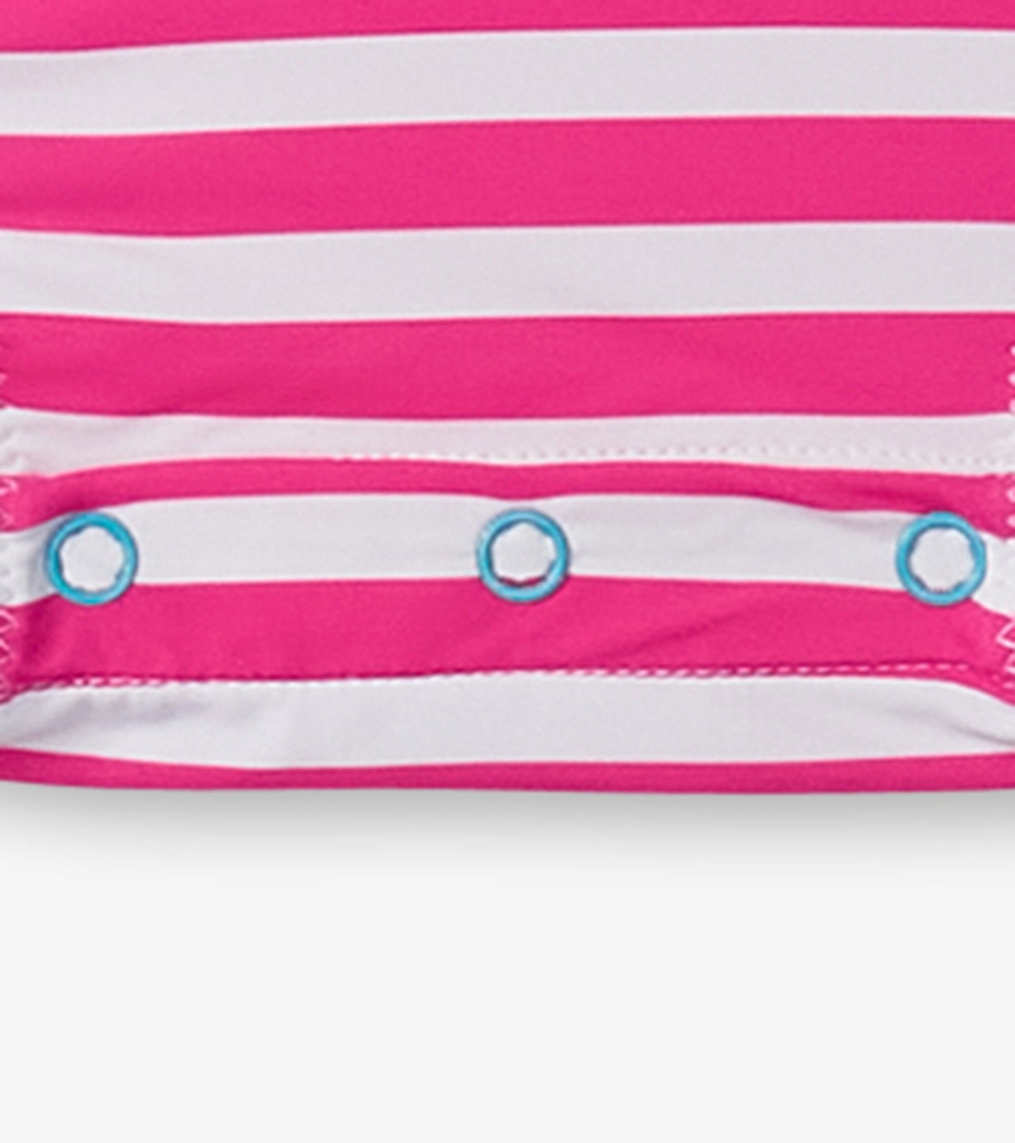 Pink and white striped rashguard swimsuit with snap closures at the bottom, designed for baby girls.