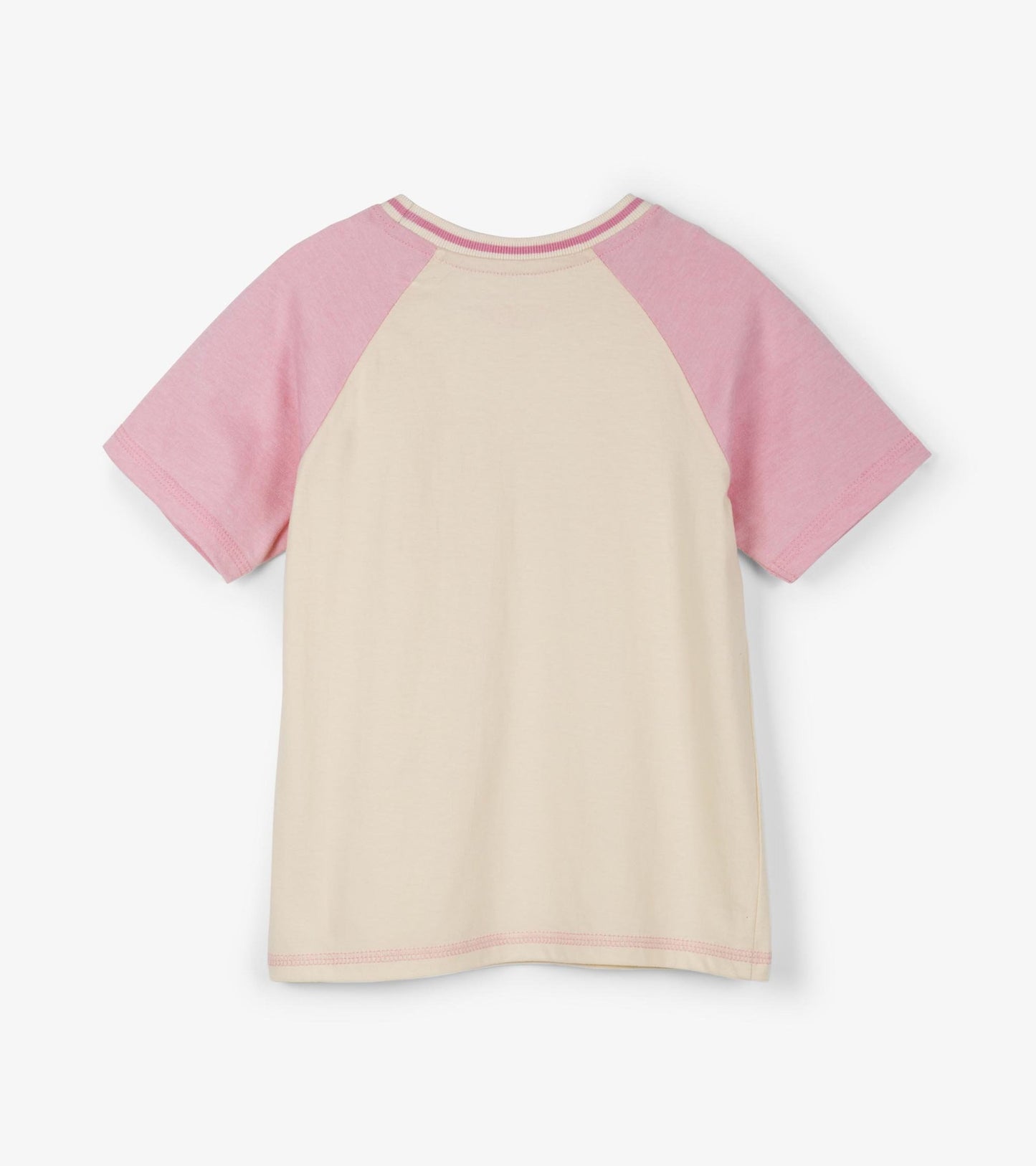 Light beige tee with pink raglan sleeves, featuring a soft cotton material and a classic crew neckline.