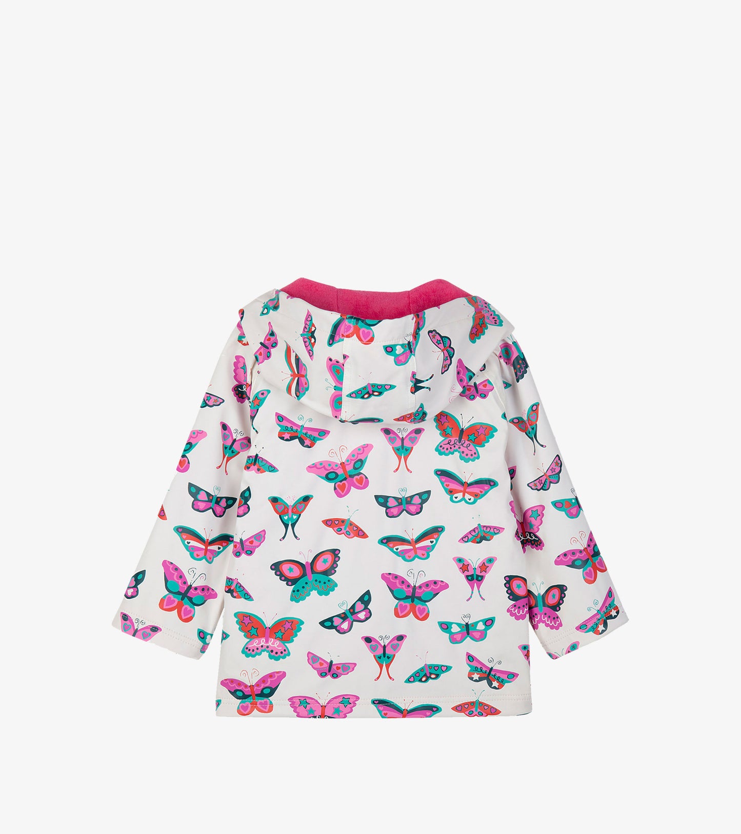 White raincoat featuring a colorful butterfly pattern and a pink hood, suitable for kids.