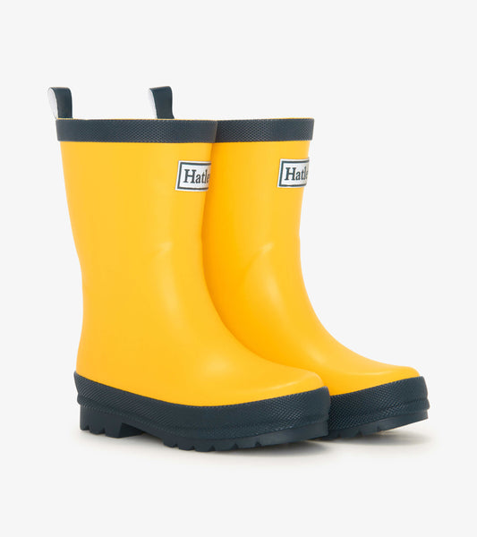 Yellow and navy matte rain boots with a textured sole and pull tabs for easy wear. Suitable for kids.