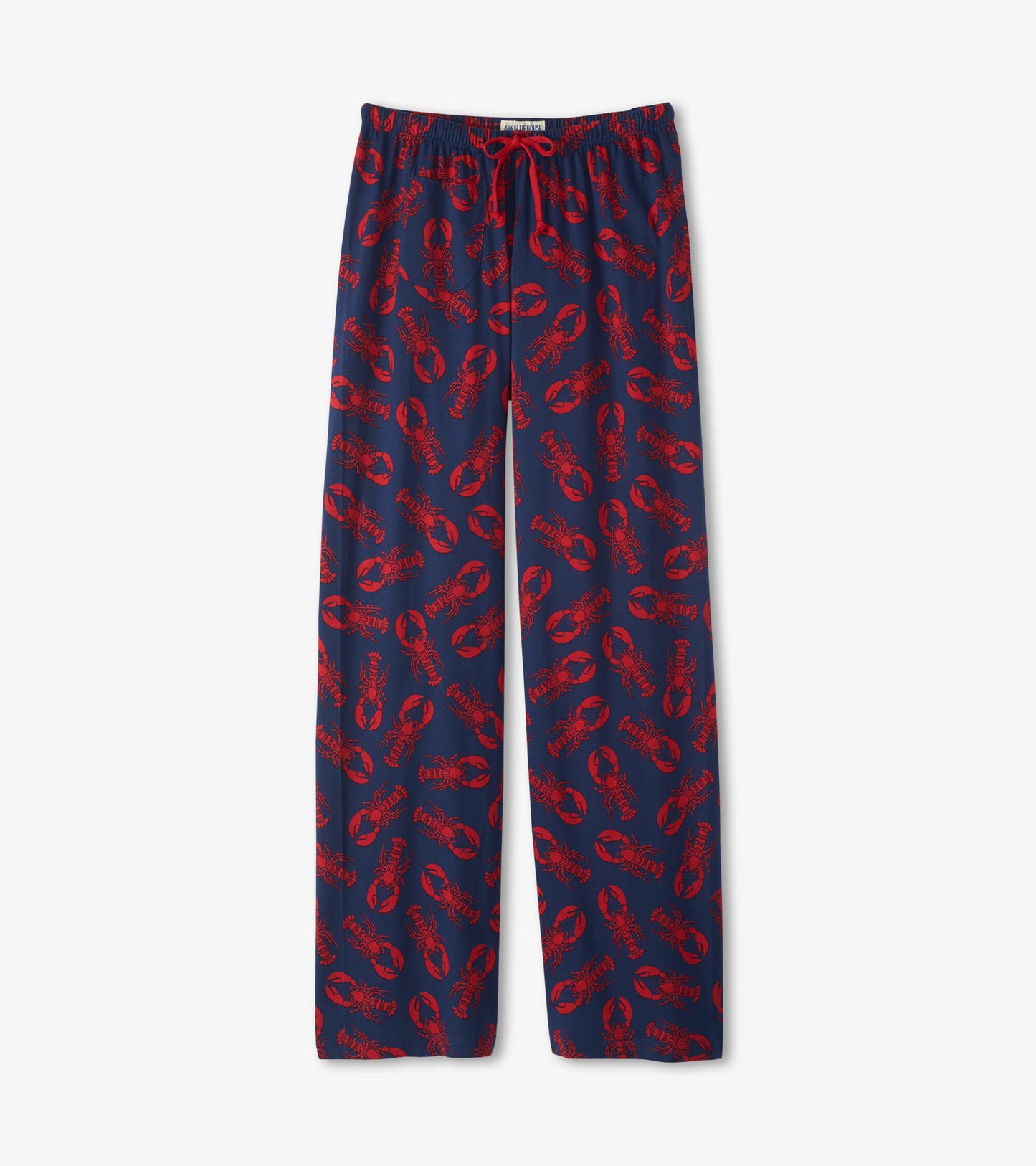Navy cotton pajama pants featuring a playful red lobster pattern and an elastic waistband with a drawstring.
