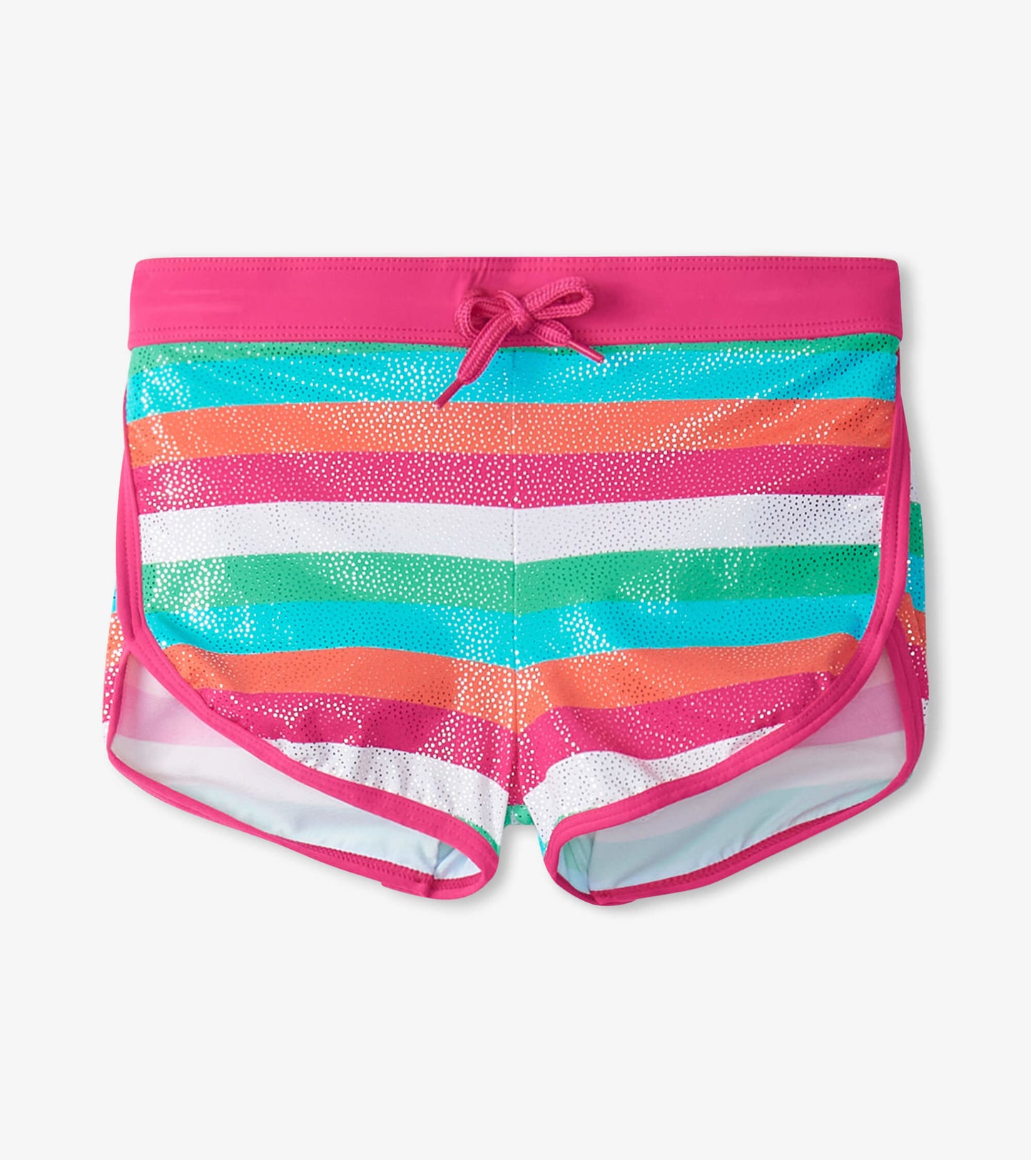 Colorful swim shorts featuring horizontal stripes in pink, orange, green, and white with a drawstring waist.