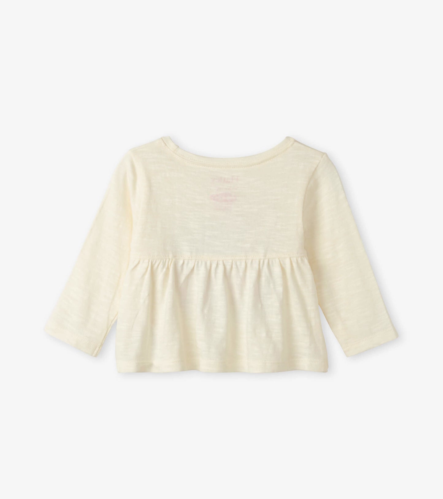 Cream long sleeve baby tee with a gathered waist and soft, lightweight fabric. Back view shows a simple design.