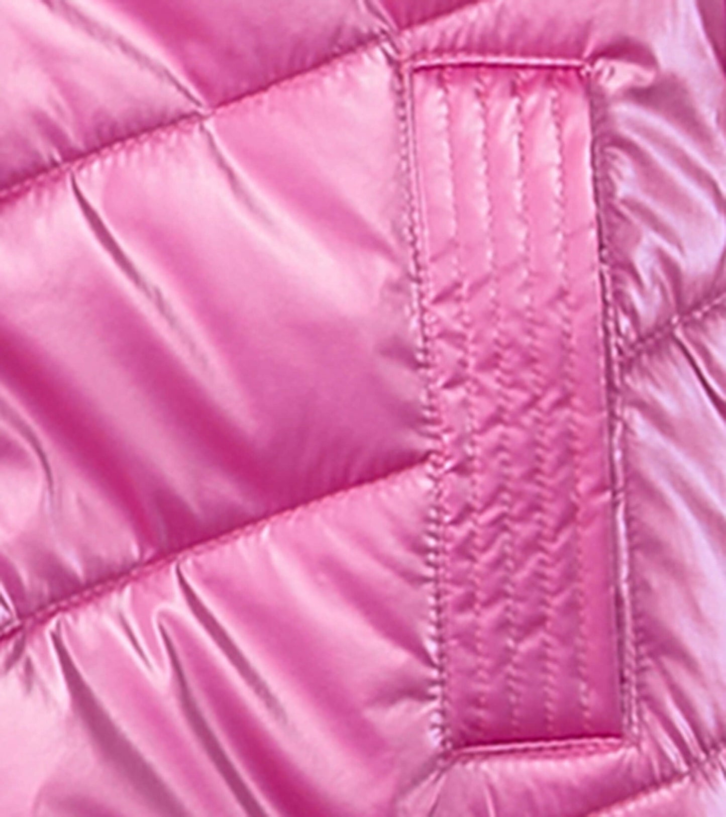 Shiny pink puffer jacket with quilted pattern and a textured panel, suitable for kids.
