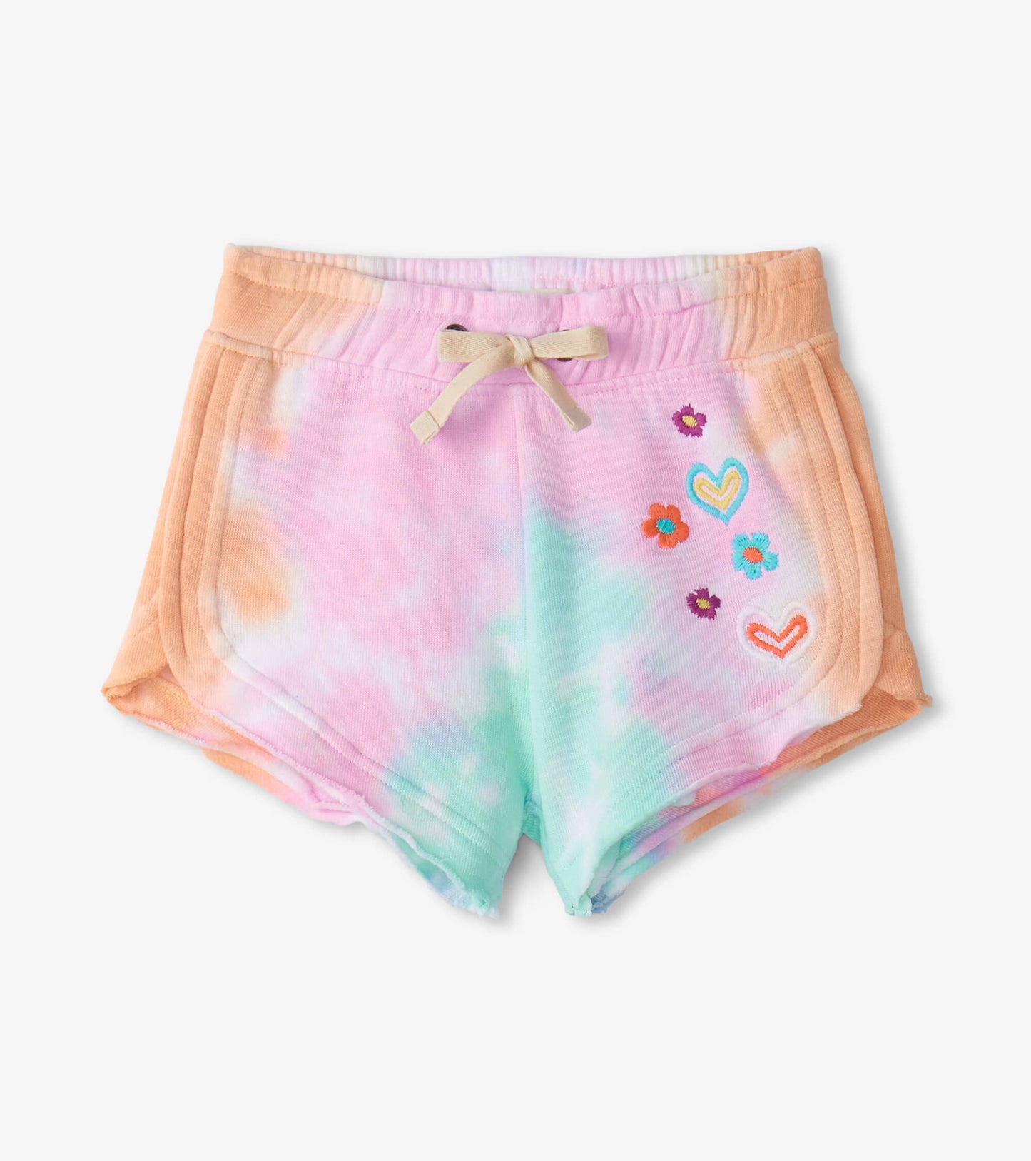 Tie-dye pull-on shorts in pastel colors with floral and heart embroidery, featuring an elastic waistband and drawstring.