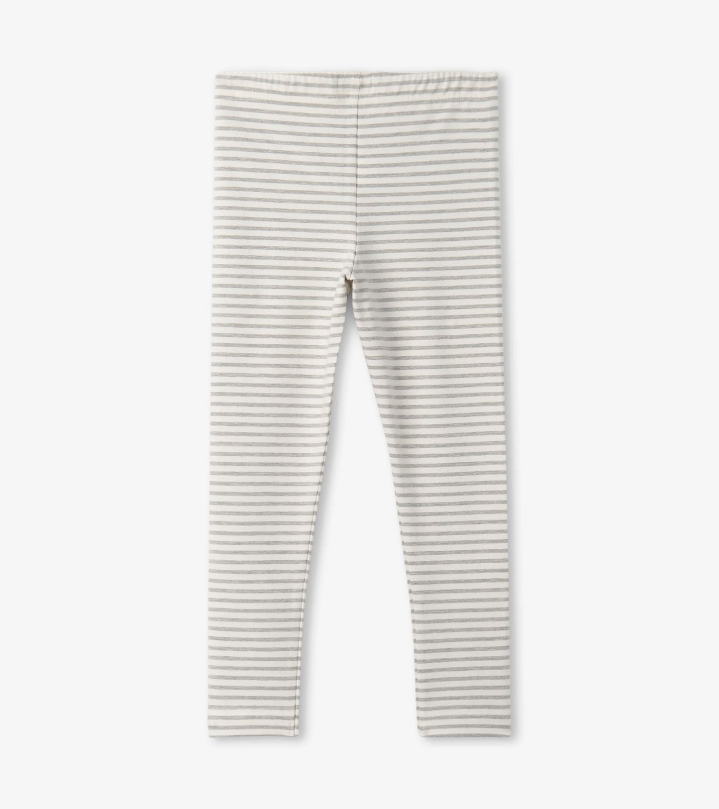 Light gray leggings with thin white stripes, featuring a stretchy waistband for comfort.